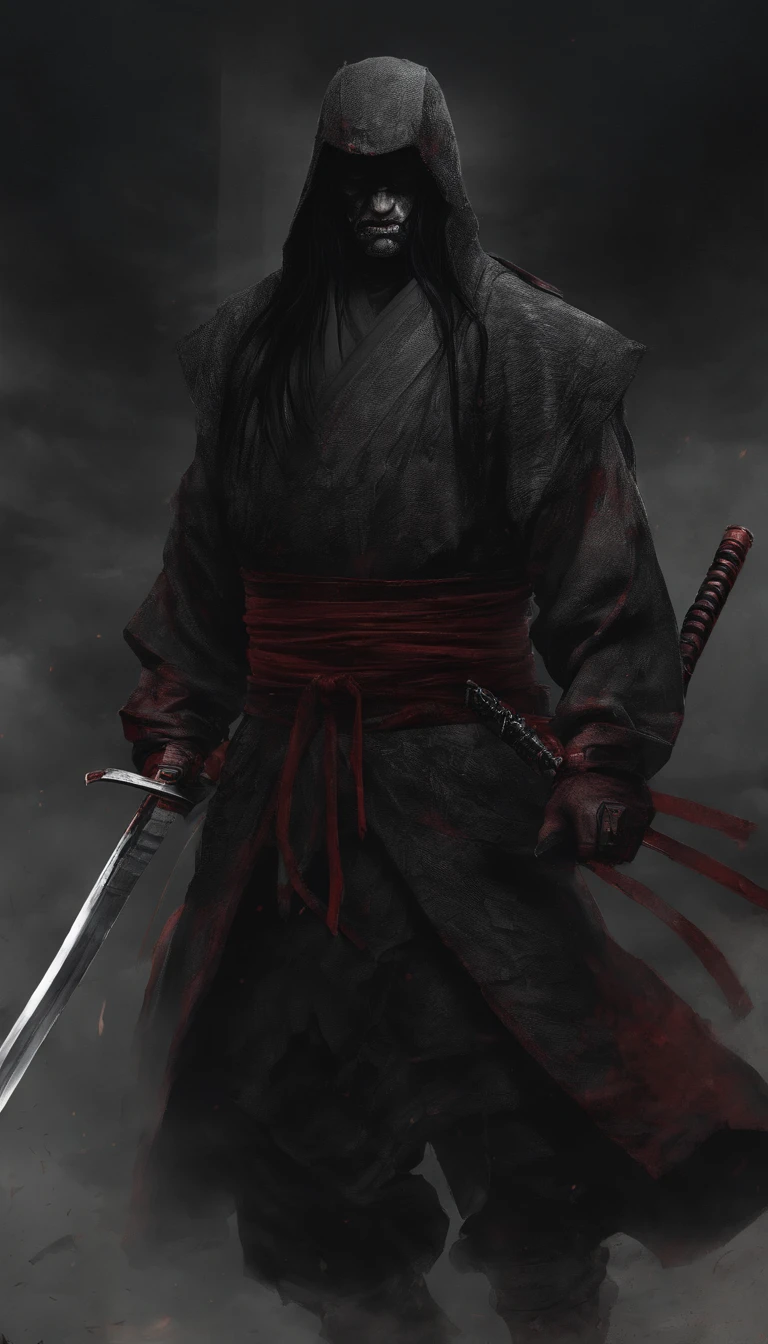 SamuraiXQuiron man, solo, long hair, 1boy, ponytail, male focus, red hair, japanese clothes, kimono, scar, katana, sheath, scar on face, samurai,