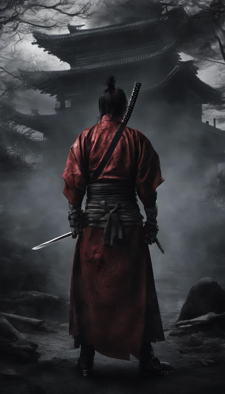 SamuraiXQuiron man, solo, long hair, 1boy, ponytail, male focus, red hair, japanese clothes, kimono, scar, katana, sheath, scar on face, samurai,