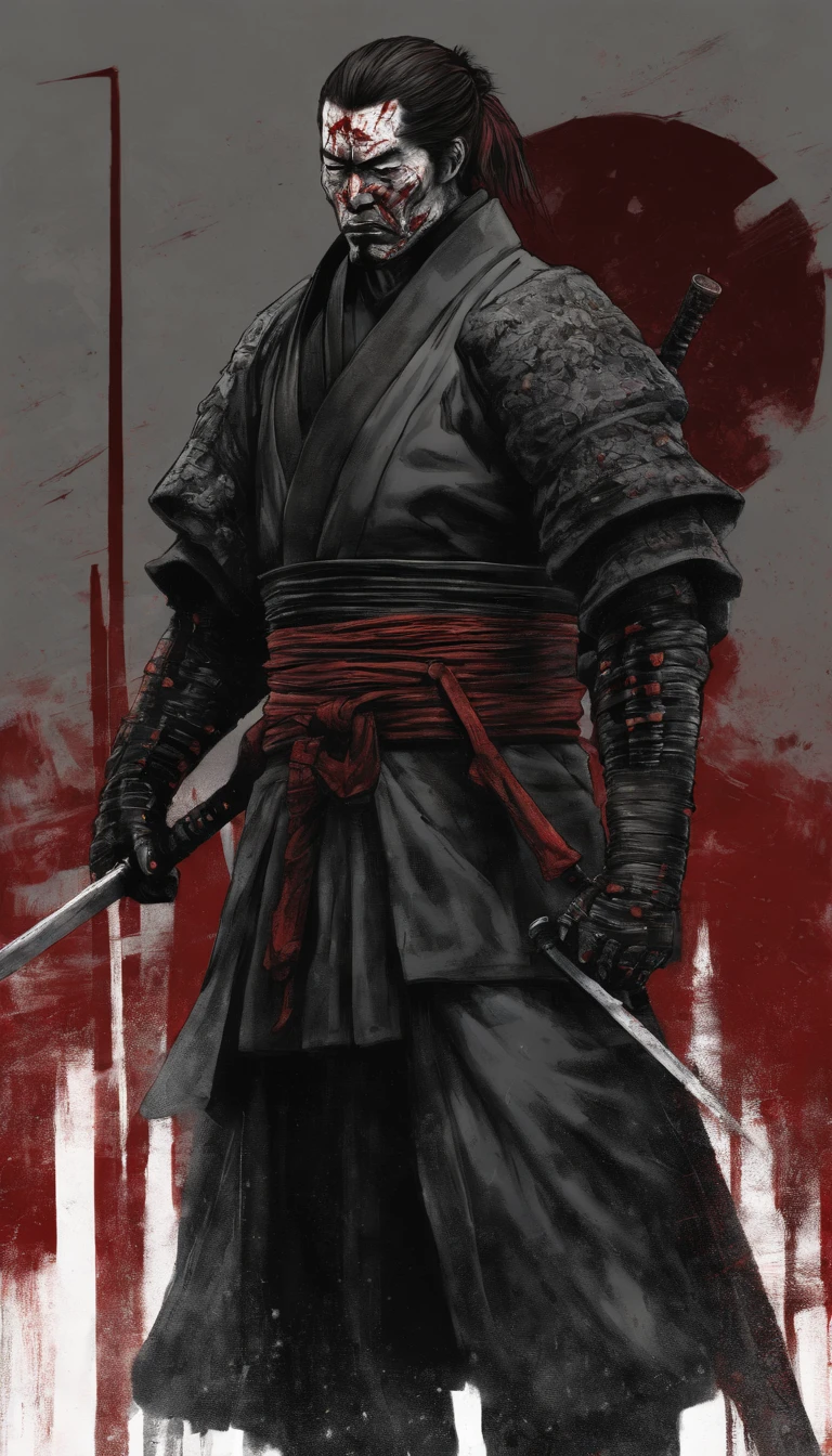 SamuraiXQuiron man, solo, long hair, 1boy, ponytail, male focus, red hair, japanese clothes, kimono, scar, katana, sheath, scar on face, samurai,