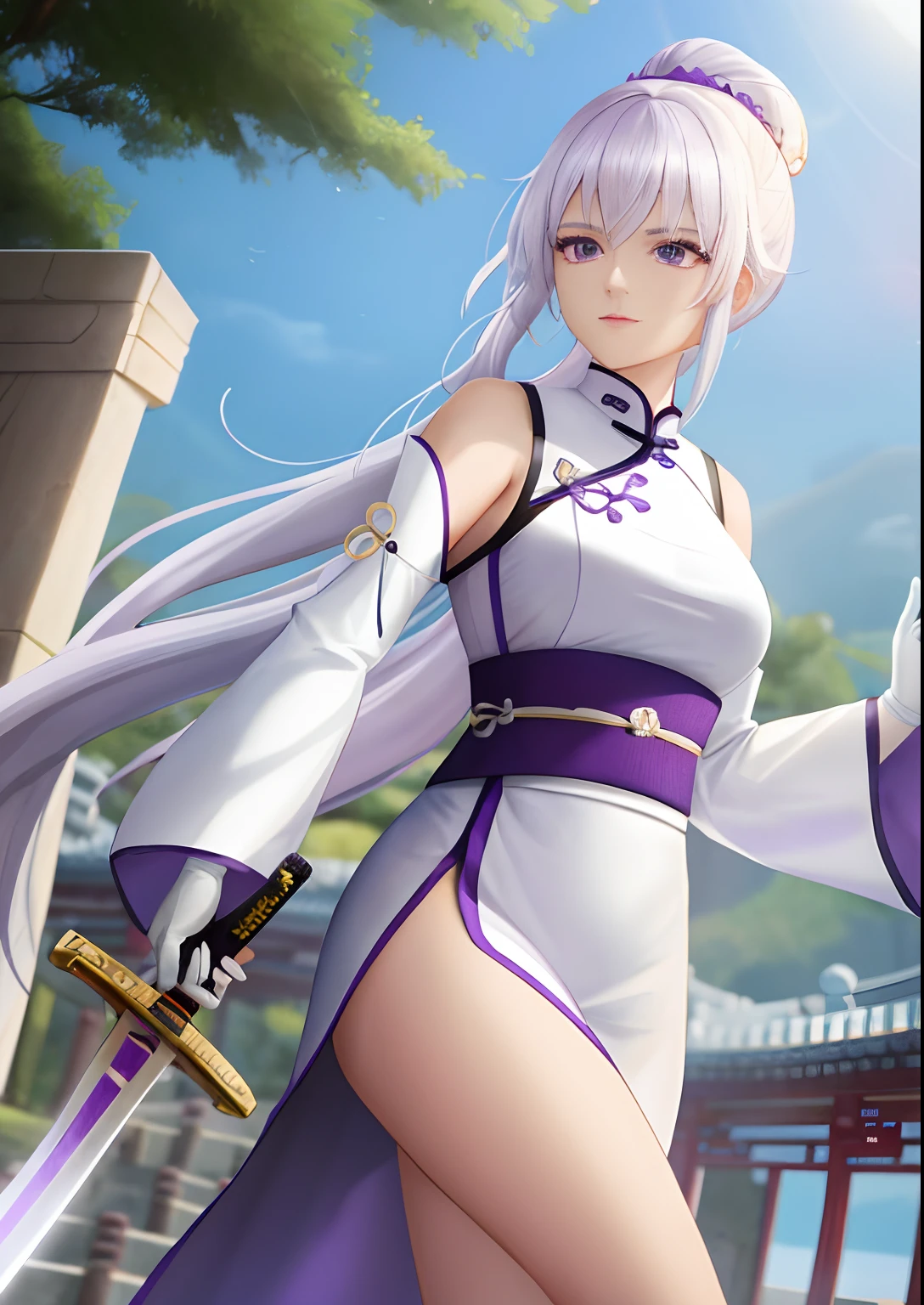 A woman，Holding An Sword，White hair，Wear purple Hanfu，Long white gloves are worn on the elbows，Chinese Ancient Architecture