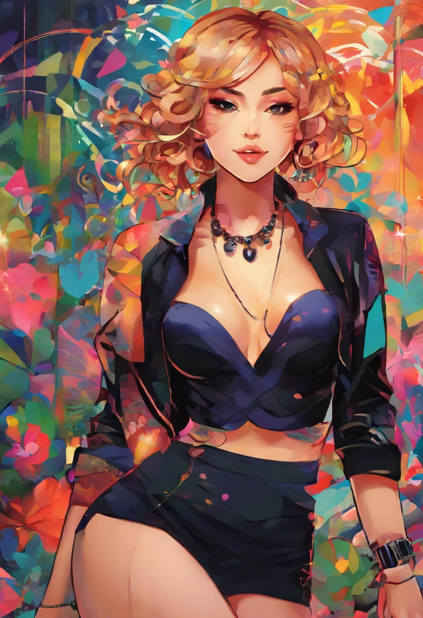 A girl with light brown skin, blonde short hair, and freckles on her face stands out in a vibrant, crowded party. She exudes a Latina vibe, radiating confidence and grace. Her body is adorned with beautiful tattoos that accentuate her unique style. She's dressed in a sleek and edgy ensemble, wearing a black tight strapless top that highlights her sculpted shoulders and a black jacket that adds a touch of mystery to her look. Her wardrobe is completed with a very short black skirt, showcasing her toned legs. As she strikes a pose, she catches the attention of the partygoers and the flashes of cameras. The atmosphere is electric, filled with music, laughter, and the clinking of glasses. The colorful decorations and vibrant lights create a lively and festive ambiance. The image quality is of the highest standard, with an emphasis on capturing every detail. The features of her face and body are impeccably rendered, with emphasis on her captivating eyes, alluring lips, and the intricate tattoos that decorate her skin. The lighting is expertly handled, illuminating her in a way that accentuates her beauty and highlights her tattoos. The color palette is vivid, enhancing the vibrant atmosphere of the party. In terms of art style, the image reflects elements of portraiture and fashion photography. Realistic and photorealistic techniques are employed to bring out the finest details and create a visually stunning masterpiece. The composition is carefully crafted, capturing the essence of the moment and emphasizing the subject's beauty and individuality.