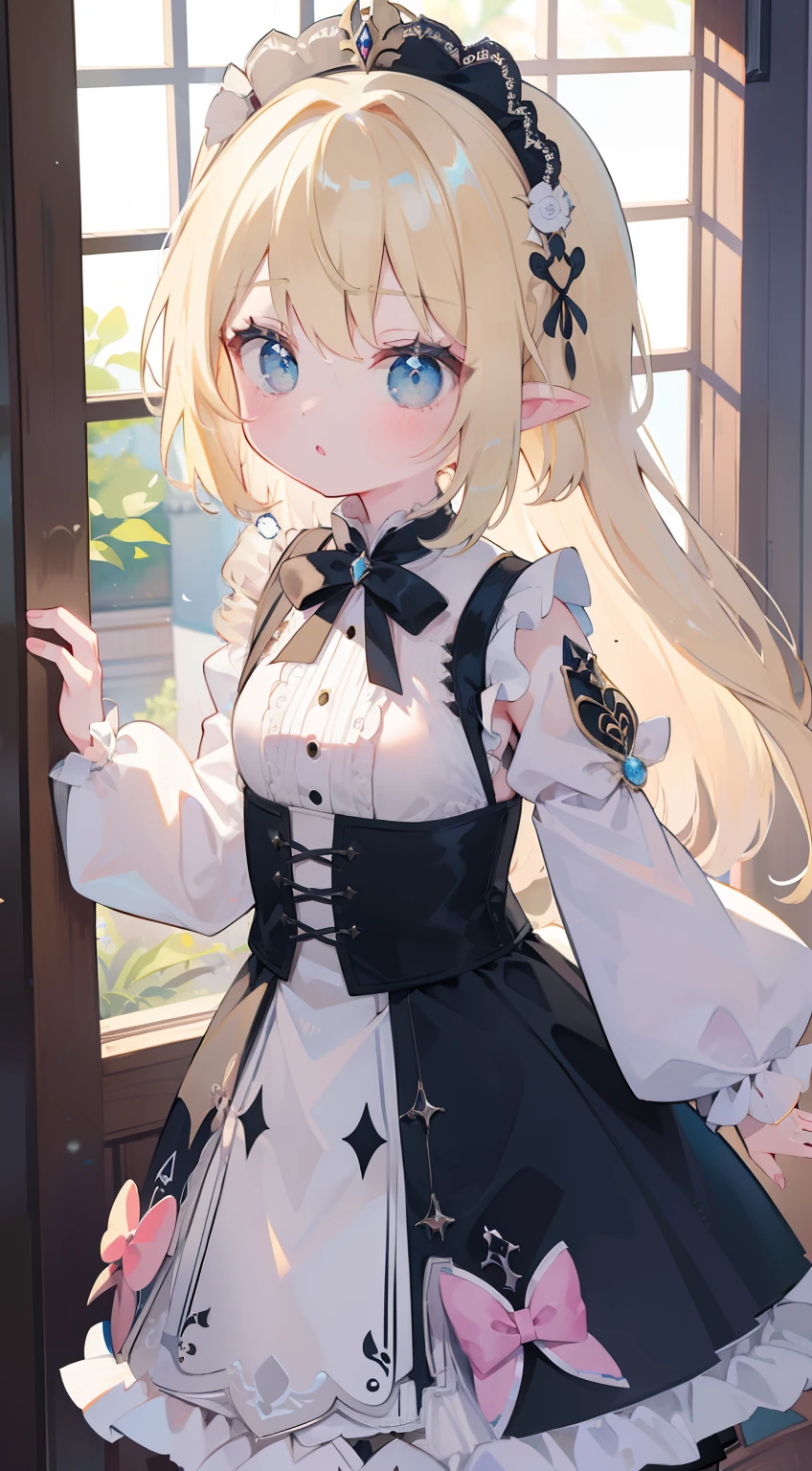 One girl、a blond、、cute little、small tits、Elven ears、masterpiece、top-quality、Top image quality,frilld,Gothic ta,Amauri,