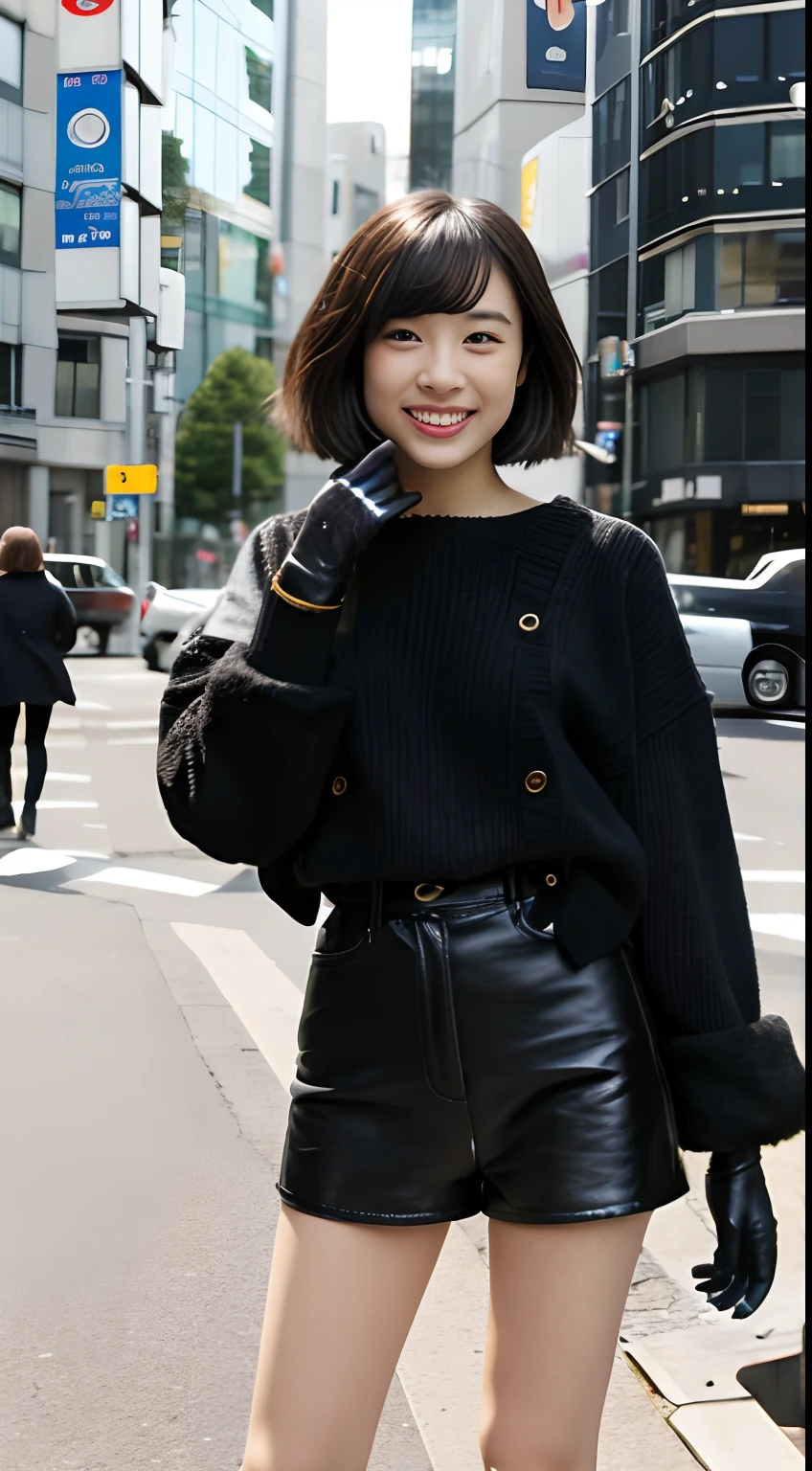 Perfect Anatomy,full body Esbian,masutepiece,High quality,A cute 18-year-old girl living in modern Shibuya,Wearing knitwear,Beige trench coat,((Woman in black leather gloves)),wave her hand,Girl going on a date,Smile,Shiny hair,bangss,black hair shorthair,Black short socks,pumps,Full-bodied Esbian,Dynamic Angle