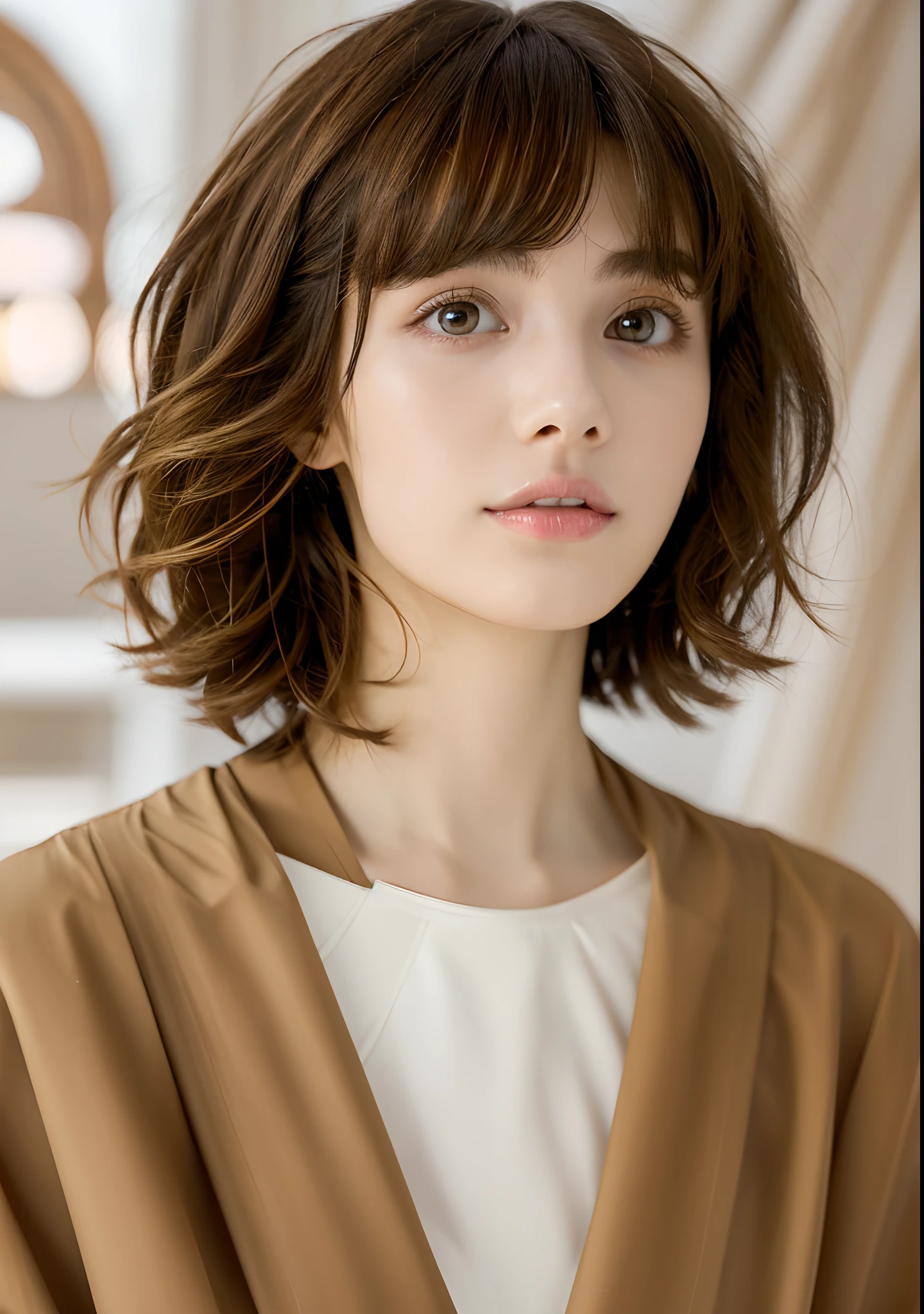 ((Best Quality, 8K, masutepiece :1.3)), 1girl(hair dyed brown, pixie cut), Cardigan :1.1, Ultra-detailed face(Round face 0.5), Detailed eyes, double eyelid.Sharp Focus: 1.2, (Increase the beauty of skin texture:1.1).Sensual beauty.(Full body shot).Smile.(flat-chested 1.8).raw photo