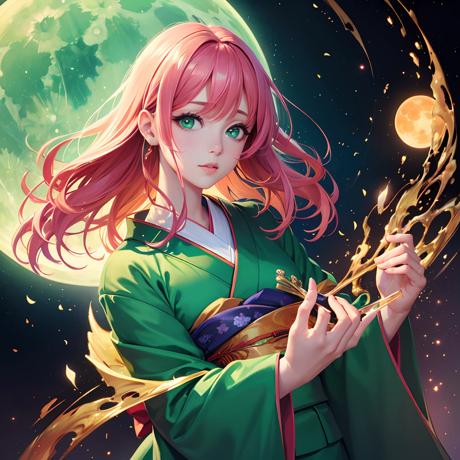 finest image, (8k, RAW photo, realistic), portrait, detailed and delicate depiction and flashy and dynamic painting method, beautiful woman, emerald green big eyes, great proportion, open Japanese kimono, pink and orange lilies, background big moon, iridescent golden particles