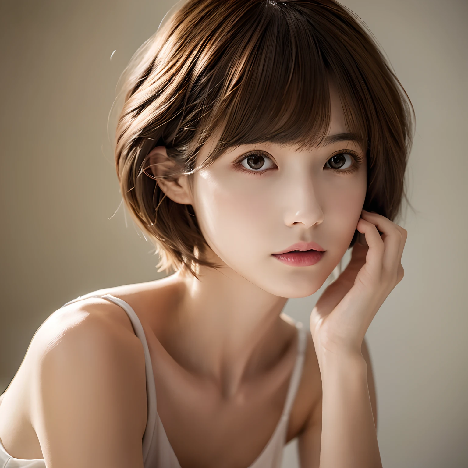 masterpiece、Highest quality、High resolution、Tabletop、wallpaper、Realistic、Bright lighting、Professional Lighting、Face Light、Smooth lighting、Japanese women、Adult、Beautiful woman、action、gravure、sexy、poor、so beautiful、Beautiful Skin、Beautiful and detailed、Detailed face、slim、Moderate、short hair、Bob、Brunette Hair、Brown eyes、Looking at the camera、naked、