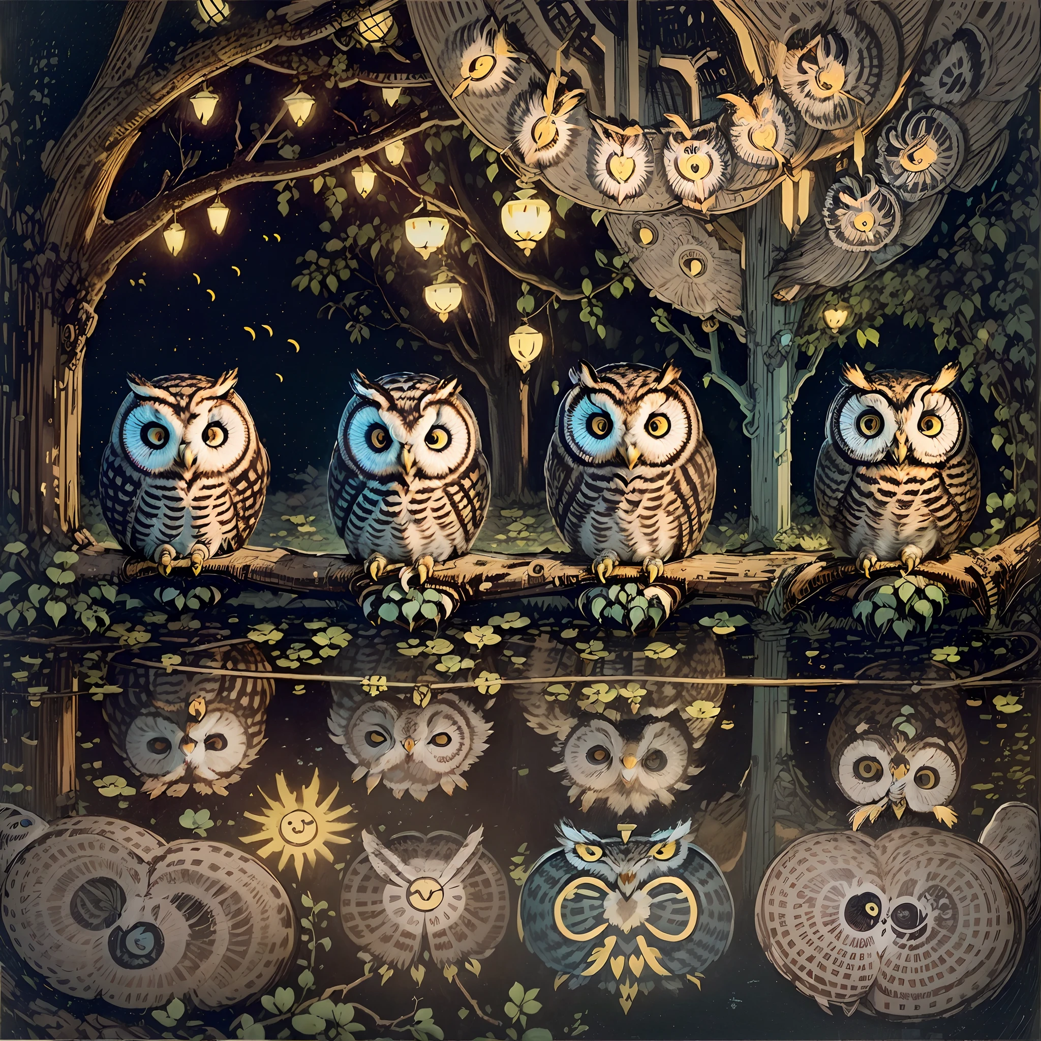 (tmasterpiece、Need、Ultra-delicate、A high resolution)),(owl:1.5),((owl1.5)),(naïve、𝓡𝓸𝓶𝓪𝓷𝓽𝓲𝓬、adventuring), blossoms, foliage,meteor shower,the night,Only animals, owls, and no figures