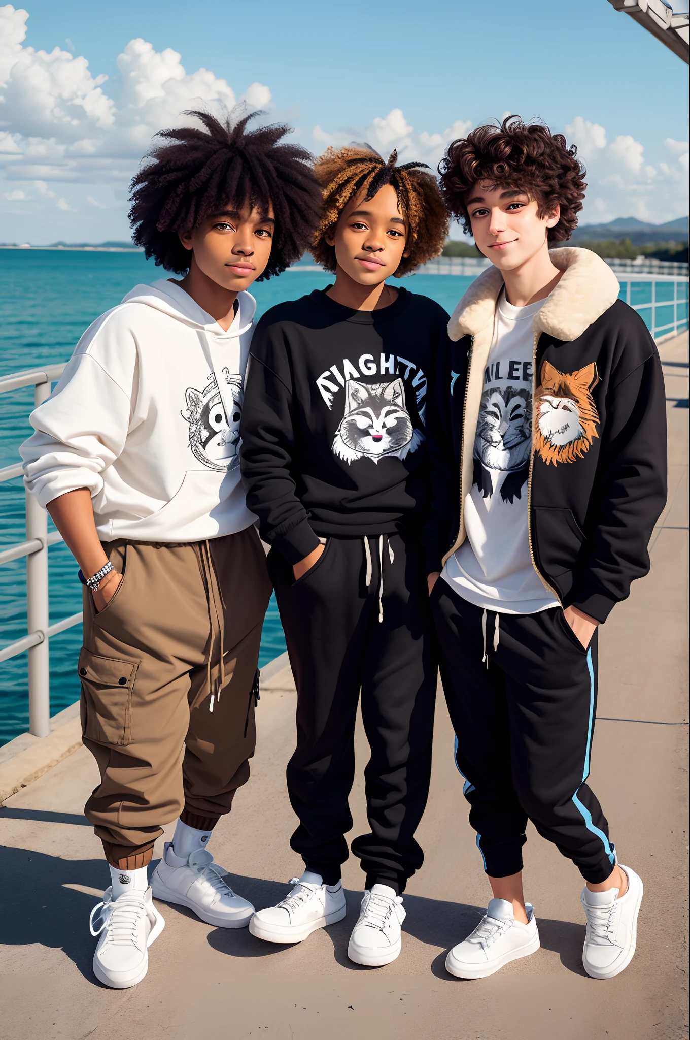 furry fandom art style, curly hair emo smug eyes light brown and cream fur joyful young fox wearing black clothes and light blue sneakers in a sunny day