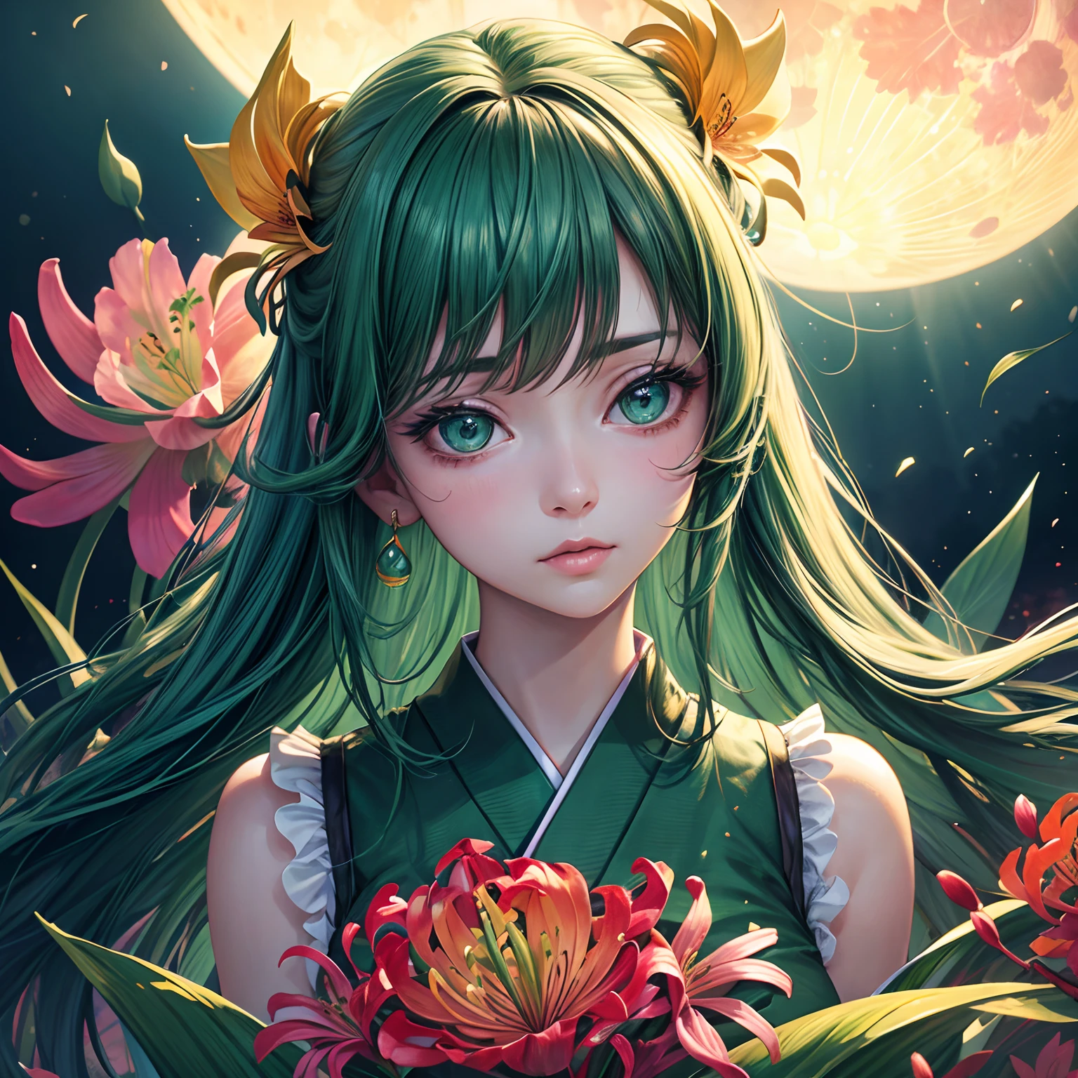 finest image, (8k, RAW photo, realistic), portrait, detailed and delicate depiction and flashy and dynamic painting method, beautiful woman, emerald green big eyes, great proportion, open Japanese kimono, pink and orange lilies, background big moon, iridescent golden particles