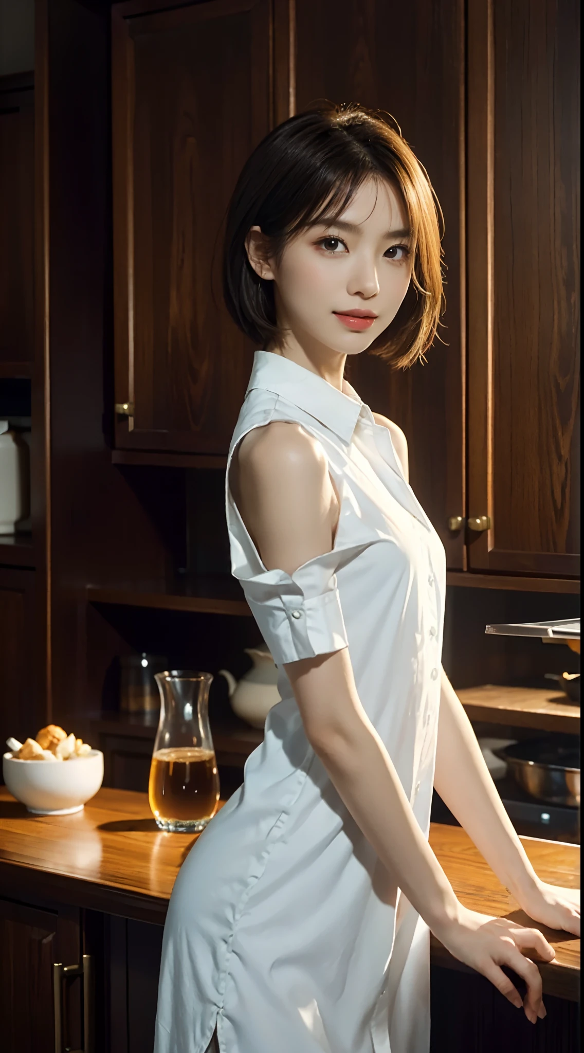 small head,  (perfect bodies: 1.1), (shoulder length straight short hair:1.2), （极其细致的CG 8k壁纸），（Extremely refined and beautiful），（masterpiece），（best qualtiy：1.0），（超高分辨率：1.0），(upper body:1.3)，[A high resolution]，cheerfulness，Smile,(Smooth and flawless fair skin:1.5),ultra - detailed,Elongated legs,(Small breasts:1.1),Flat chest,Slim，emaciated,(white collared shirt dress:1.4),(round hips:1.3),(sharply hips:1.5),In kitchen,blue green background,standing,(from back:1.3),(Close shot:1.3),nightfall，warm light,Several dishes on table,standing,(cowboy shot:1.3),(Portrait photo:1.3)