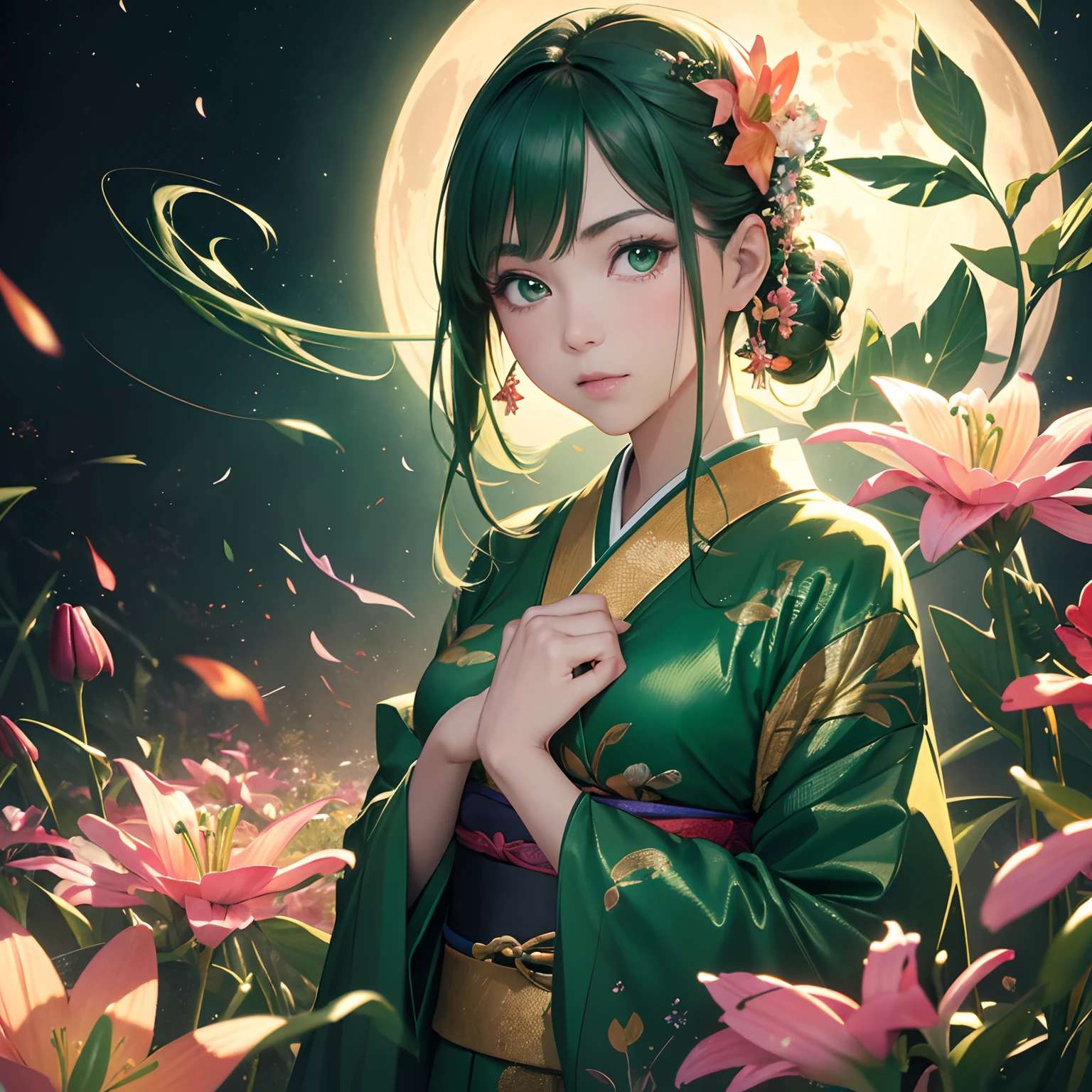finest image, (8k, RAW photo, realistic), portrait, detailed and delicate depiction and flashy and dynamic painting method, beautiful woman, emerald green big eyes, great proportion, open Japanese kimono, pink and orange lilies, background big moon, iridescent golden particles