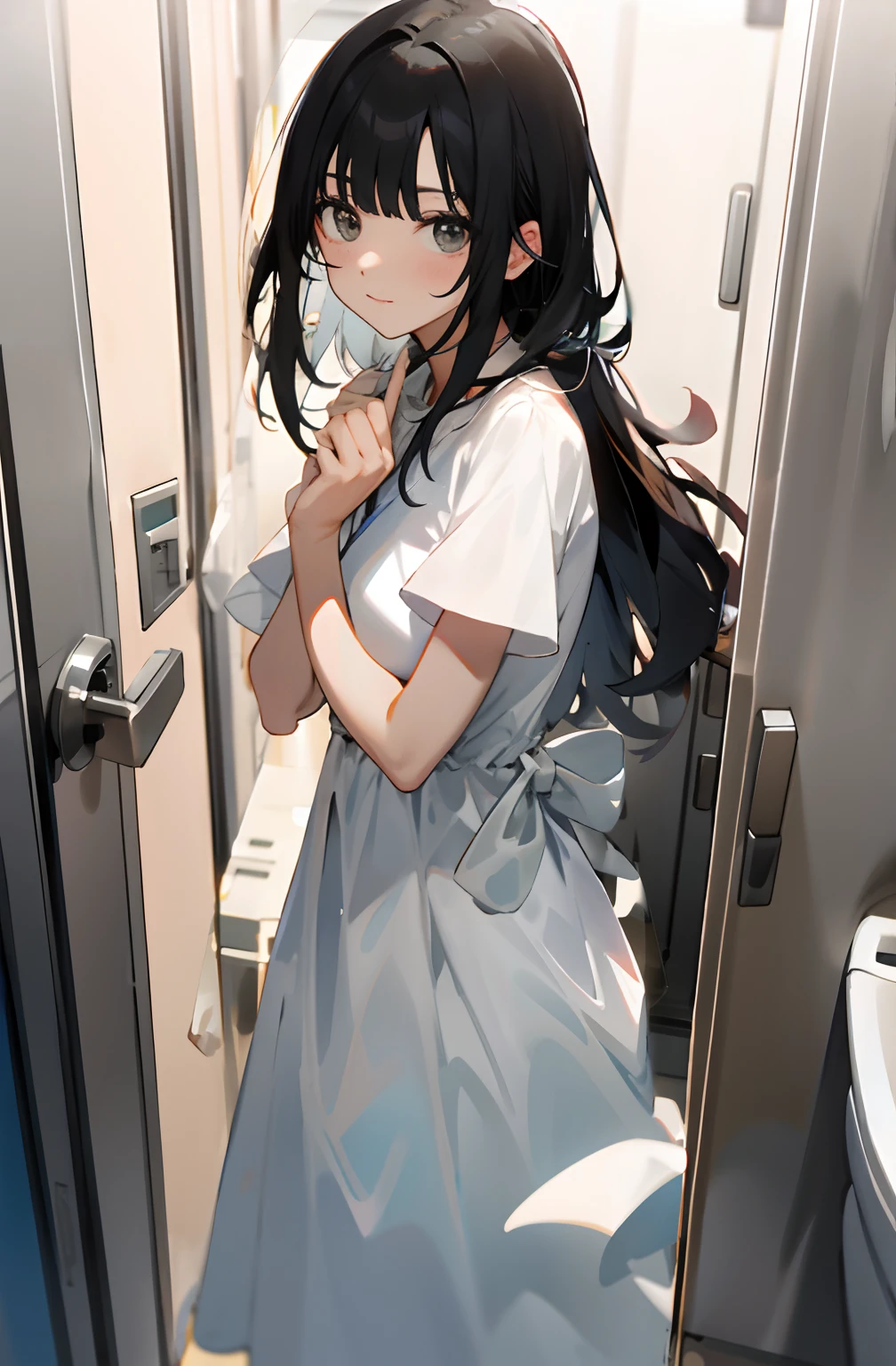 1girl with long hair and dress, 1 girl is taking to lavatory, looking away, standing, embarrassed, blush, Keep one's mouth shut, street (girl is peeing self:0.4)