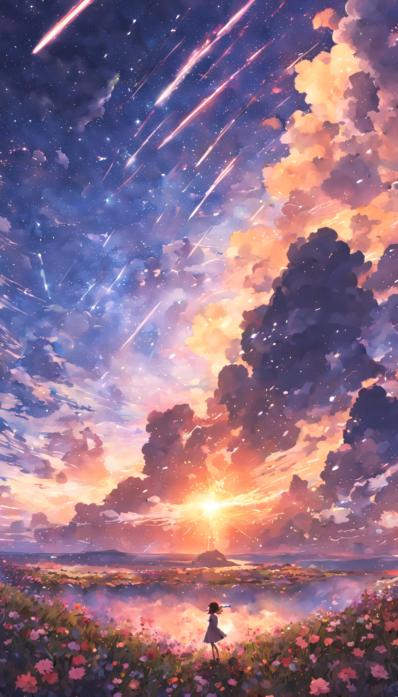 masterpiece, concept art, panoramic, illustration, wide shot, 1girl, standing, cliff, flower field, night, (meteor shower), space galactic background, (epic composition, epic proportion), dynamic lighting, vibrant color, Makoto shinkai, Kimi no nawa inspired,