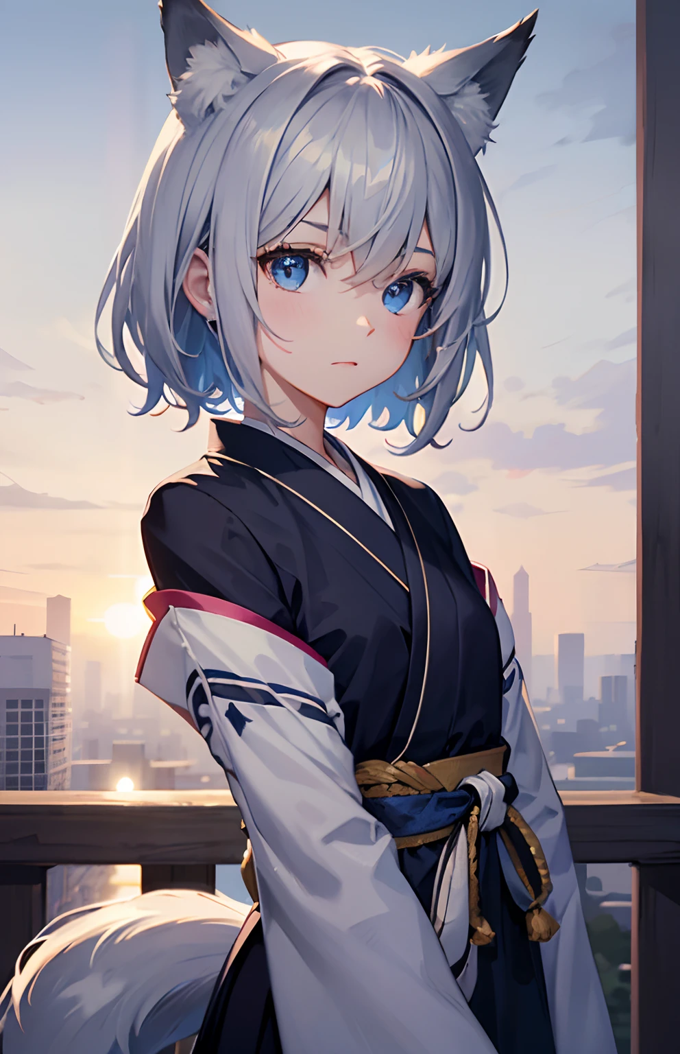 masterpiece,Top image quality,hight resolution,imagem 4k,Raw photo,Photorealsitic,{Solo},s girl,silber hair,Bery short hair,stare at each other,Blue eyes,小柄,Silver fox ears,Fox tail,,,,boyish,kariginu,Eboshi,,,,
