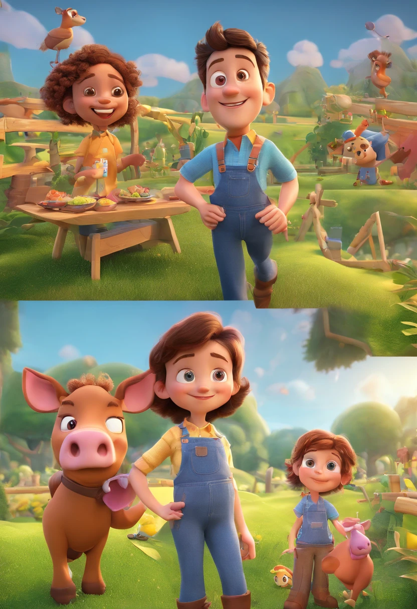 Estilo Pixar: Familia, Um pai, A mother and two girls and one boy. Uma menino de 6 anos e outro de 2 anos . Uma fazenda com vacas lindas e marrom .