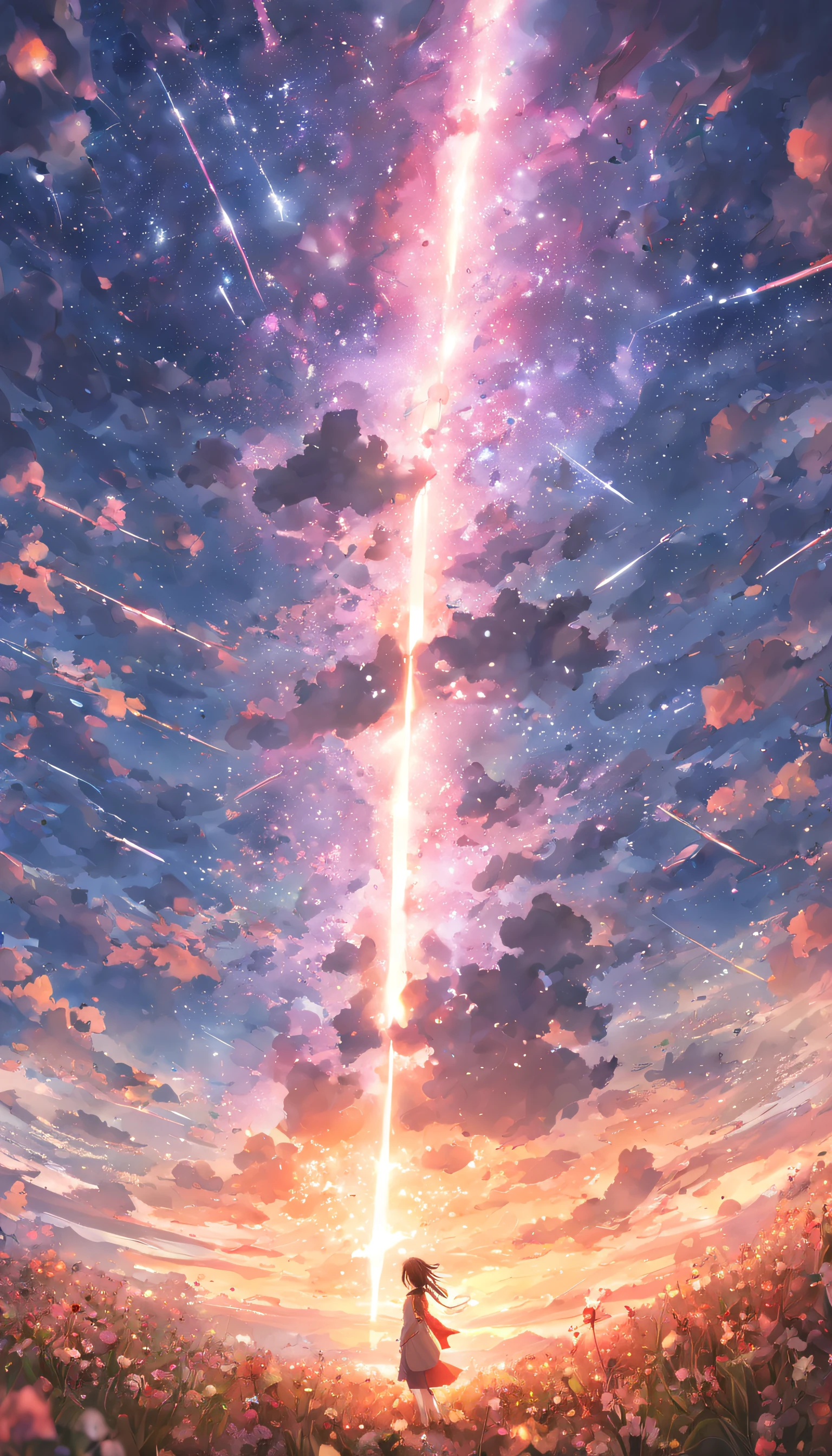 masterpiece, concept art, panoramic, centered, illustration, wide shot, 1girl, standing, cliff, flower field, night, (meteor shower), space galactic background, (epic composition, epic proportion), dynamic lighting, vibrant color, Makoto Shinkai, Kimi no Nawa inspired,