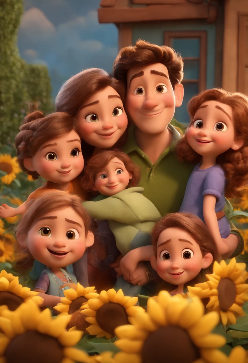 Create a Disney PIXAR-style 3D poster. ((centro da imagem, Triplets)), ((3 )) ((1 menino no meio e 2 meninas ao lado, They're hugging each other, O menino tem pele castanha e cabelos castanhos escuros e olhos castanhos escuros, 1 menina tem pele clara, olhos e cabelos escuros e cacheados, e a outra menina tem pele morena, olhos escuros e cabelos escuros e lisos)) ((tudo isso no estilo Disney PIXAR 3D, In the background, A house of sunflowers, Gloria Studio, The garden is full of nature 3D render RTX clay material, estilo de design cartunesco, POP Mart, soft lighting, linhas suaves, Spring tilt, Detailed illustrations of PIXAR 3D, Detalhes hiper-realistas, cor quente no estilo Disney PIXAR 3D))