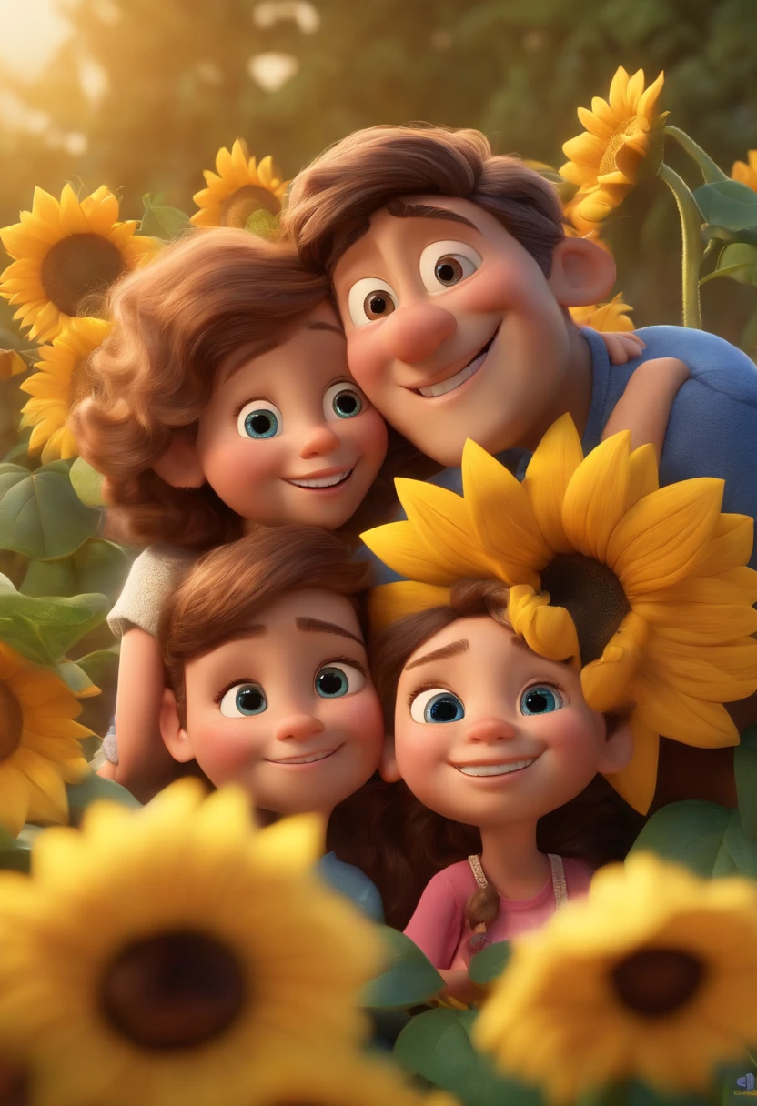 Create a Disney PIXAR-style 3D poster. ((centro da imagem, Triplets)), ((3 children)) ((1 menino no meio e 2 meninas ao lado, They're hugging each other, O menino tem pele castanha e cabelos castanhos escuros e olhos castanhos escuros, 1 menina tem pele clara, olhos e cabelos escuros e cacheados, e a outra menina tem pele morena, olhos escuros e cabelos escuros e lisos)) ((tudo isso no estilo Disney PIXAR 3D, In the background, A house of sunflowers, Gloria Studio, The garden is full of nature 3D render RTX clay material, estilo de design cartunesco, POP Mart, soft lighting, linhas suaves, Spring tilt, Detailed illustrations of PIXAR 3D, Detalhes hiper-realistas, cor quente no estilo Disney PIXAR 3D))