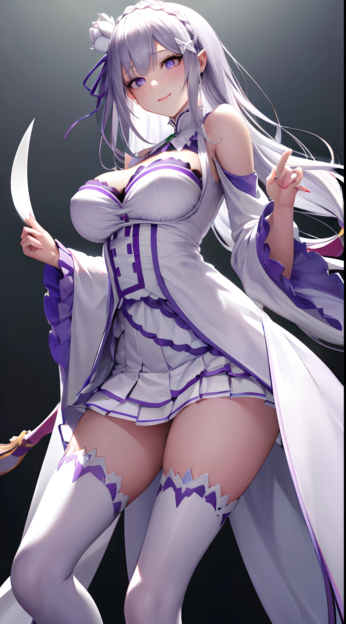 Lezero Emilia, Emilia, braid, Crown braid, flower, Hair Flower, Hair Ornament, Hair Ribbon, Long hair, pointy ear, (Purple eyes:1.2), White hair, X Hair Ornament,
Break Detach Color, Detached sleeves, frilly sleeves, frilld, Long sleeves, Miniskirt, Pleated skirt, bow ribbon, Skirt, thighs thighs thighs thighs, White skirt, White sleeves, white thighhig, Wide sleeves, zettai ryouiki,

 BREAK (masutepiece:1.2), Best Quality, High resolution, Unity 8k壁纸, (Illustration:0.8), (Beautiful detailed eyes:1.6), extra detailed face, Perfect Lighting, extremely details CG, (Perfect hands, Perfect Anatomy),is standing、Evil Fall, 1girl in, Solo, pubic tattoo,Lips、makeup、lip stick、eye line / Mascara Eyeshadow Evil Fall、Bad Woman、bad looking、Empty eyes、Psychopaths、Eyes pink、Grinning、Smile, lightsmile,Knives、low angles、leggy、Long legs、Muchimuchi、Transparent pupils、, ((Moderately large))fullbody image、high-heels、Accentuated legs、（Wearing high heels、white thighhig、white knee highs）、creepy, , worm, ,Tentacle, Flesh-colored,Muchimuchi、micromini skirt、Black panties、D, Huge breasts, cleavage,
