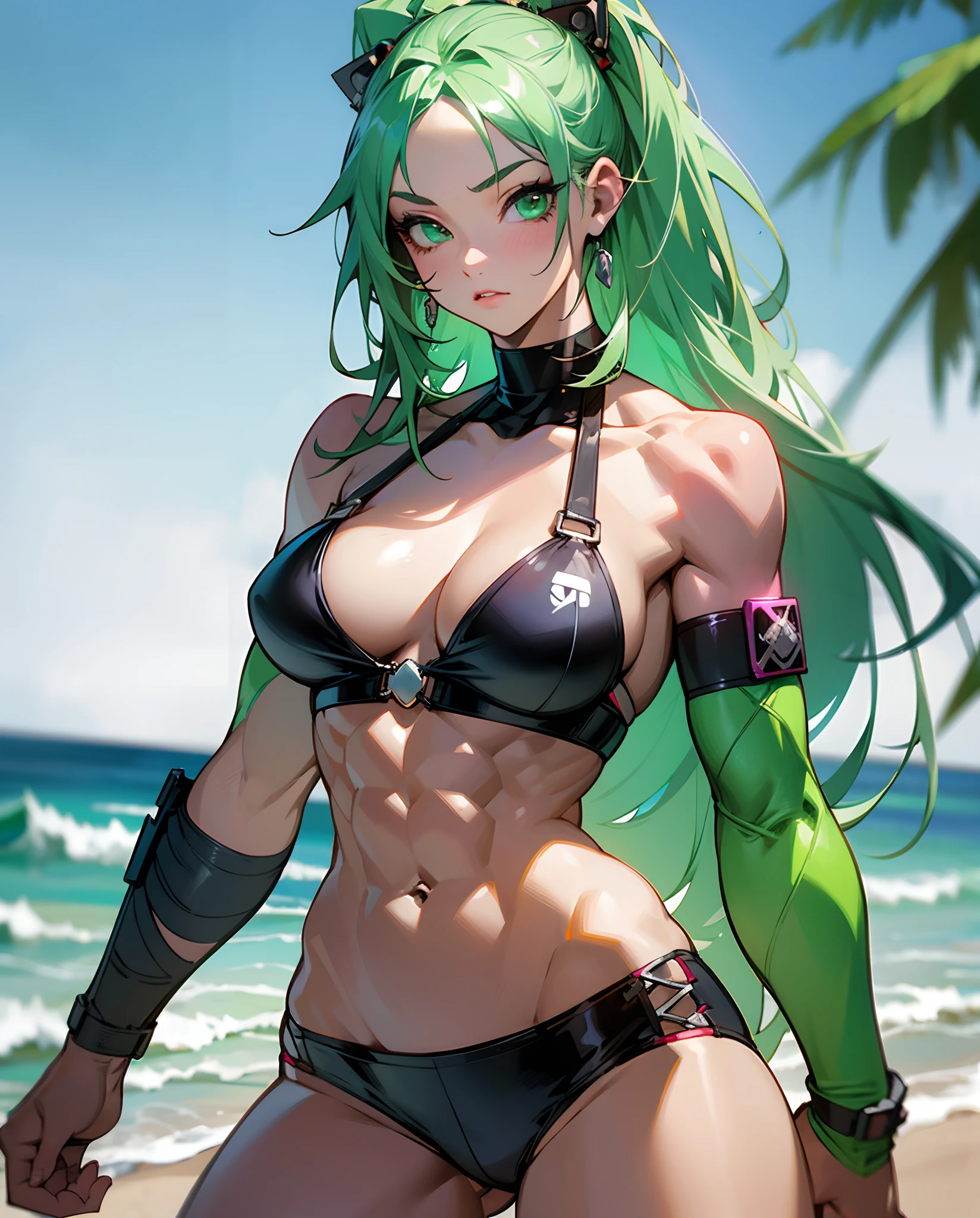 punk girl, abs, large breats, muscles, green eyes which are glowing, beach, bikini, long hair, realistic --auto --s2