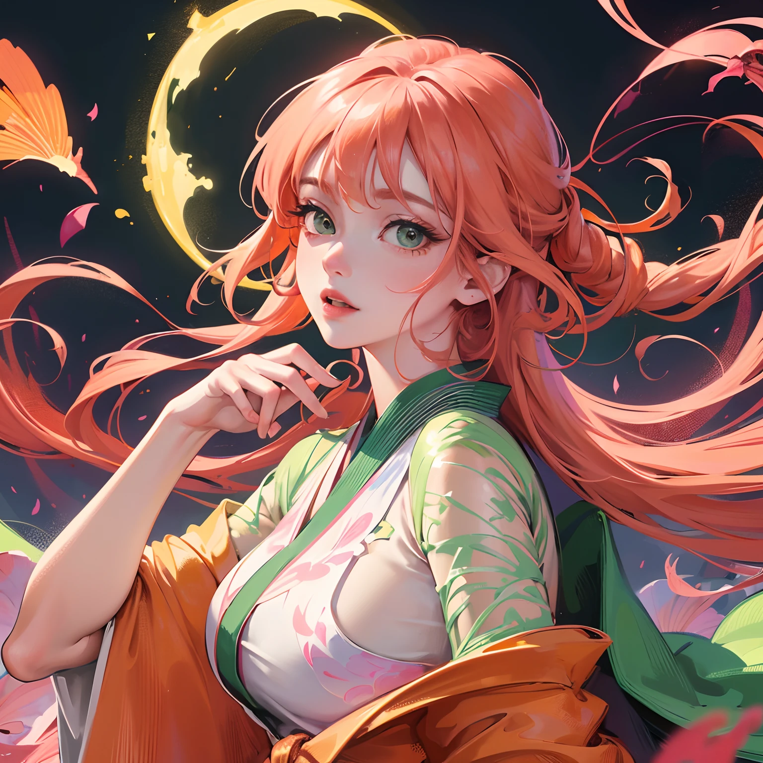 finest image, (8k, RAW photo, realistic), portrait, detailed and delicate depiction and flashy and dynamic painting method, orange pink hair, beautiful woman, emerald green big eyes, great proportion, open Japanese kimono, pink and orange lilies, background big moon, iridescent golden particles