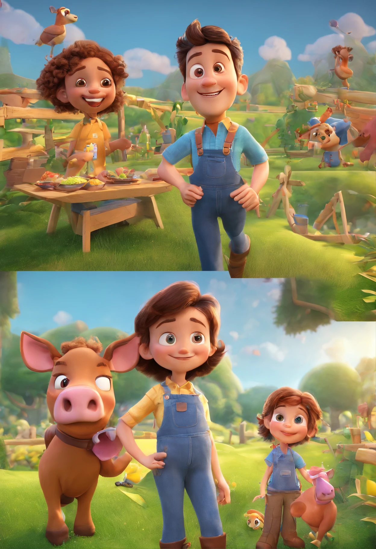 Estilo Pixar: Familia, Um pai, A mother and two girls and one boy. Uma  de 6 anos e outro de 2 anos . Uma fazenda com vacas lindas e marrom .