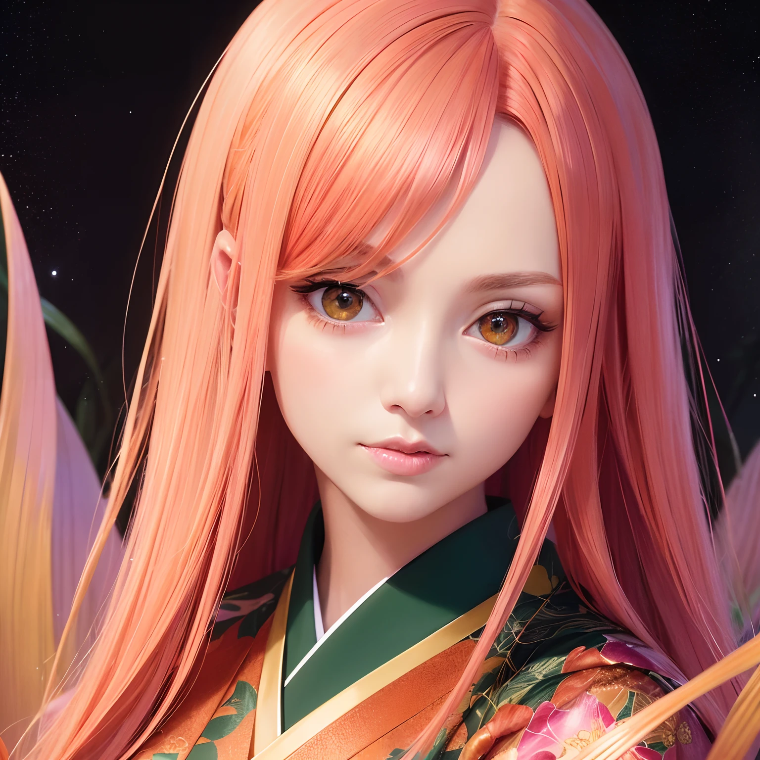 finest image, (8k, RAW photo, realistic), portrait, detailed and delicate depiction and flashy and dynamic painting method, orange pink hair, beautiful woman, emerald green big eyes, great proportion, open Japanese kimono, pink and orange lilies, background big moon, iridescent golden particles