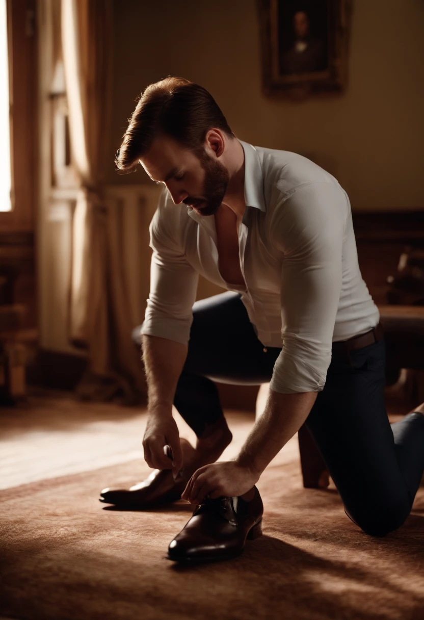 Chris evans sniffing a dress shoe in underwear