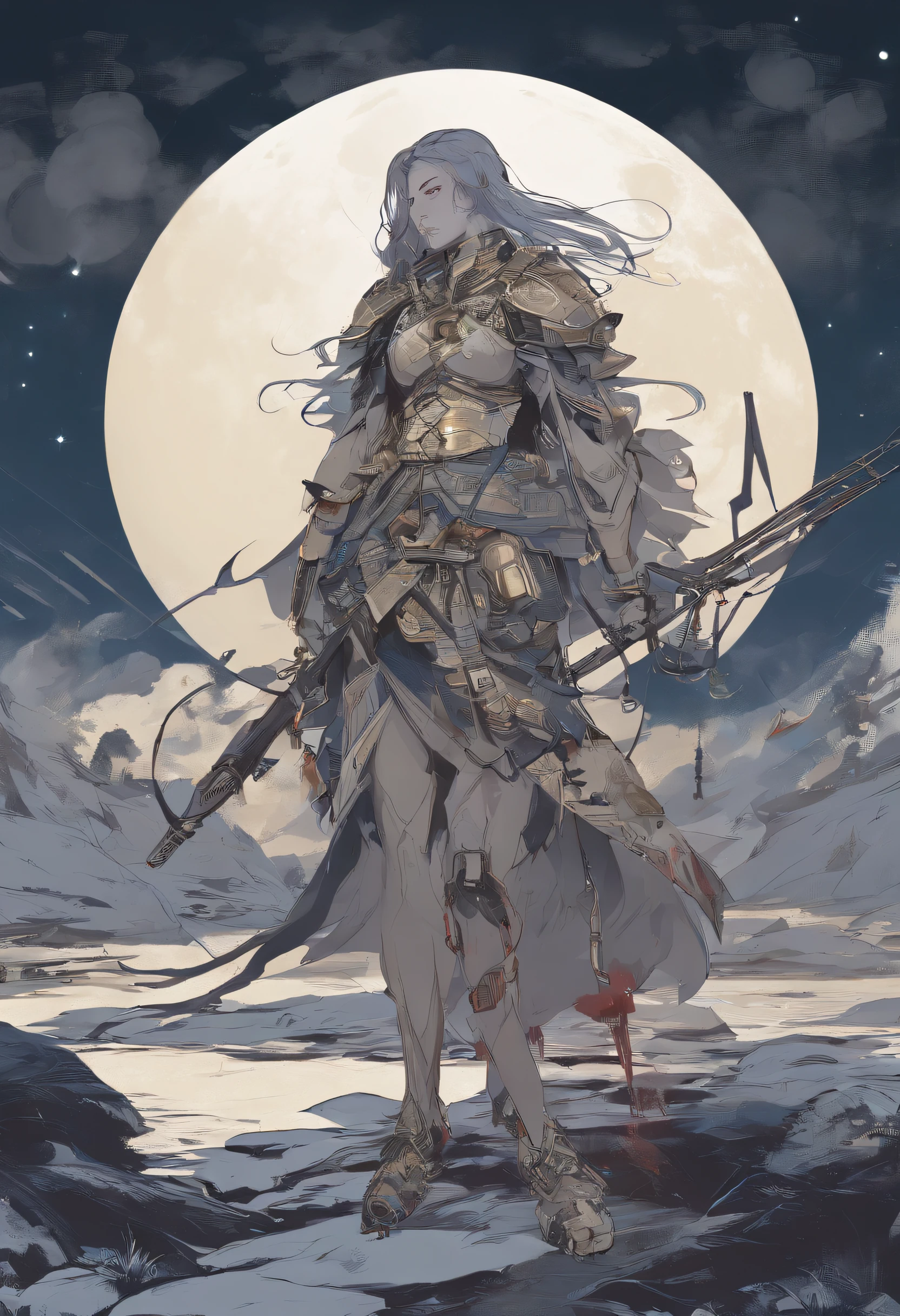 China-style,Chinese mythology, femele,themoon,As estrelas,the night,Wounded fighters in their arms,has horns on its head,grieves,Bleak,The eyes glow blue light,Shed tears,In the camp,Soldiers stood all around,The brilliance of the torches,中景 the scene is,Full body like, highly detailed surreal vfx,oc rendered, - AR 16:9 --q 2 --s 1000