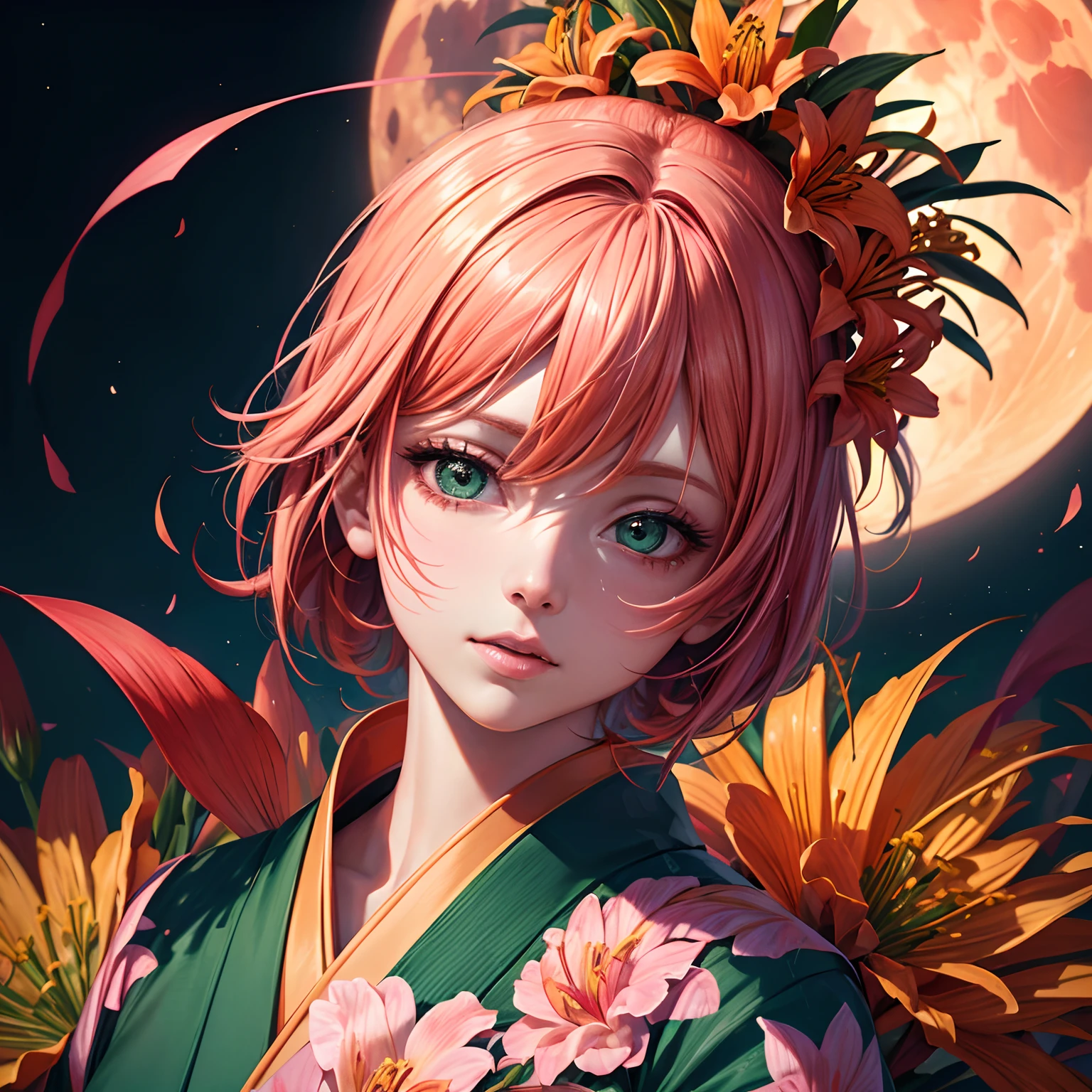 finest image, (8k, RAW photo, realistic), portrait, detailed and delicate depiction and flashy and dynamic painting method, orange pink hair, beautiful woman, emerald green big eyes, great proportion, open Japanese kimono, pink and orange lilies, background big moon, iridescent golden particles
