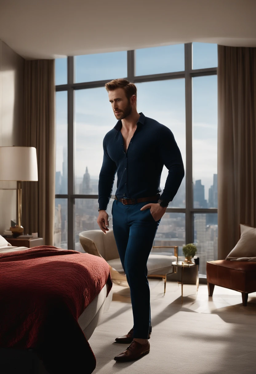 A manly Chris Evans, in his underwear, is seen sniffing his own dress shoes passionately. His piercing blue eyes and perfectly chiseled facial features add to his charm. The lighting highlights his rugged jawline and emphasizes the defined muscles on his bare chest. The scene is set in a luxurious penthouse with floor-to-ceiling windows that offer breathtaking views of the city skyline. The room is decorated with modern furniture and abstract art pieces, creating a sophisticated atmosphere. The artwork consists of vibrant oil paintings and sculptures crafted by renowned artists. The color palette is warm and rich, with hues of deep red and golden undertones, creating a sense of luxury and sensuality. The shoes that Chris Evans holds exude a high-quality leather texture, with intricate details and perfect craftsmanship. The prompt demands the highest quality, resulting in a hyper-realistic and ultra-detailed image. The composition reflects the aesthetics of a classical portrait with a touch of contemporary extravagance. The prompt is imbued with a sense of artistic ambiance and evokes a unique mix of intimacy and elegance.