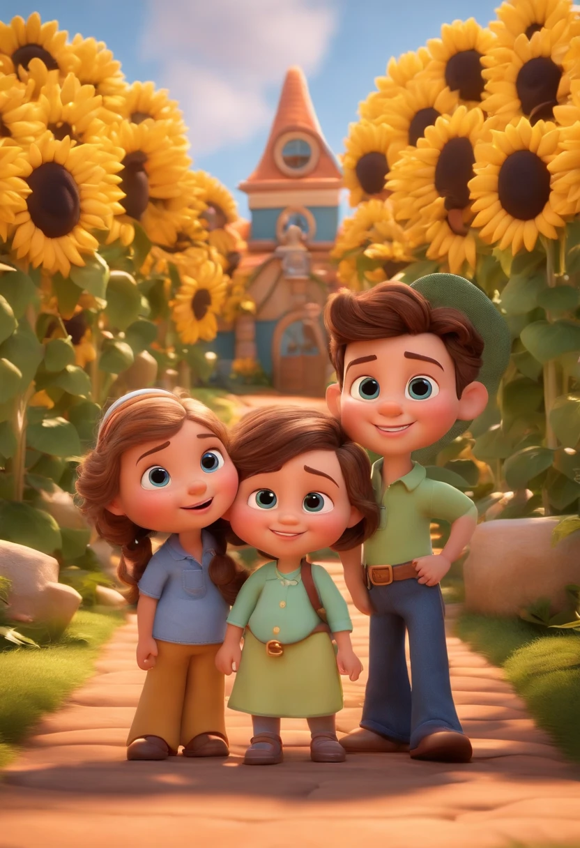 Create a Disney PIXAR-style 3D poster. ((centro da imagem, Triplets)), ((3 children)) ((1 menino no meio e 2 meninas ao lado, They're hugging each other, O menino tem pele castanha e cabelos castanhos escuros e olhos castanhos escuros, 1 menina tem pele clara, olhos e cabelos escuros e cacheados, e a outra menina tem pele morena, olhos escuros e cabelos escuros e lisos)) ((tudo isso no estilo Disney PIXAR 3D, In the background, A house of sunflowers, Gloria Studio, The garden is full of nature 3D render RTX clay material, estilo de design cartunesco, POP Mart, soft lighting, linhas suaves, Spring tilt, Detailed illustrations of PIXAR 3D, Detalhes hiper-realistas, cor quente no estilo Disney PIXAR 3D))