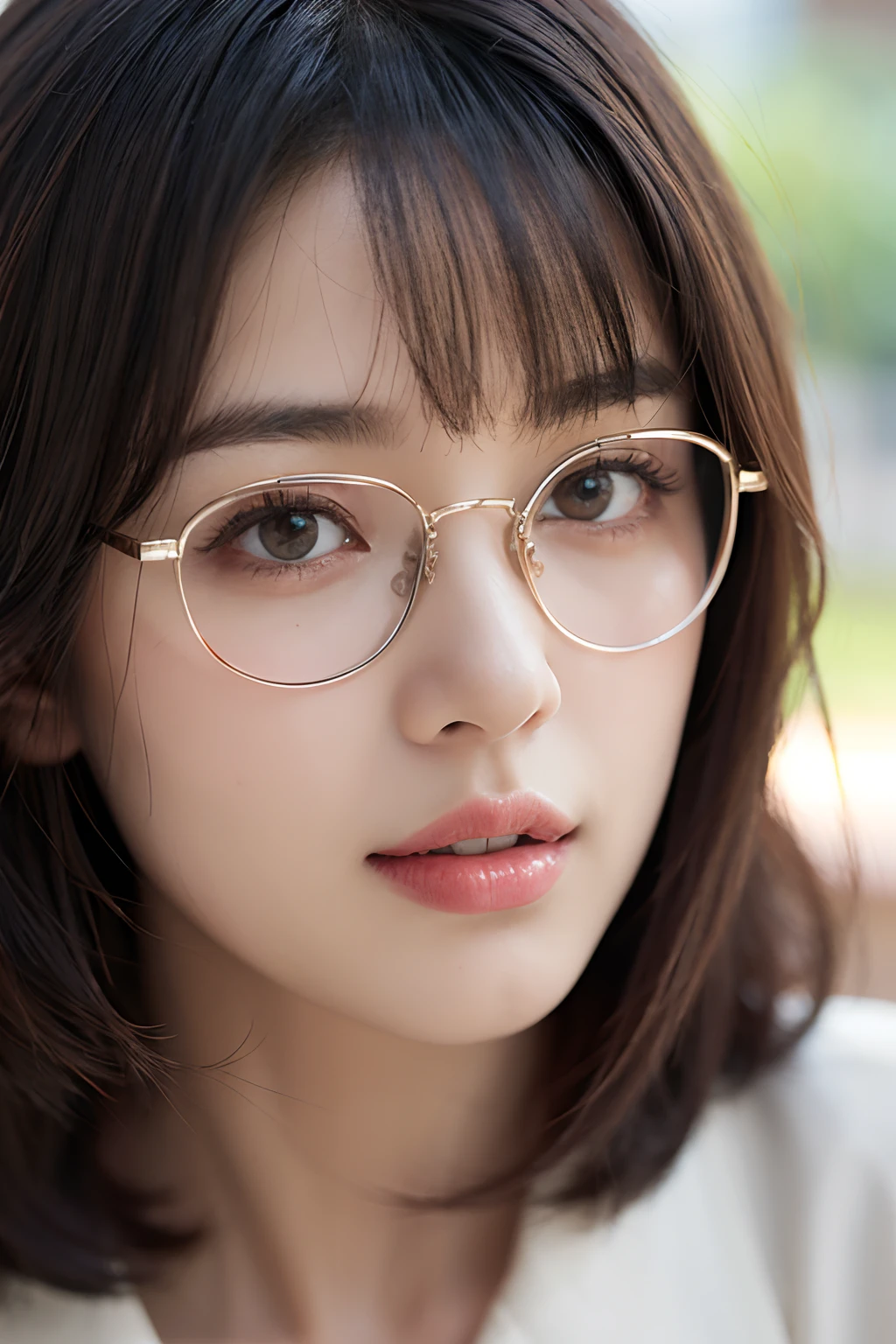 (best quality,ultra-detailed,realistic:1.37),vibrant colors,soft lighting,portrait,curly-haired,Asian girl,with a chic bob haircut, wearing oversized transparent-frame glasses in Ray-Ban style.