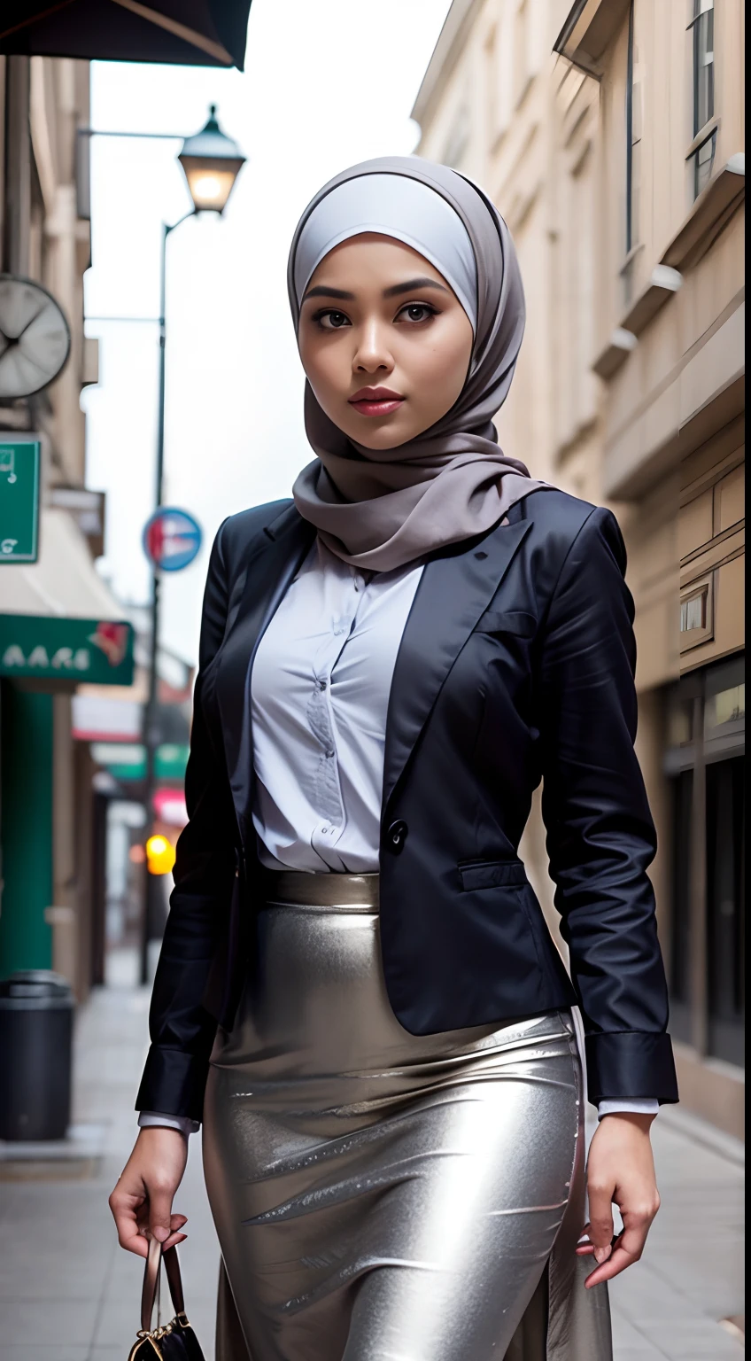 RAW, Best quality, high resolution, masterpiece: 1.3), beautiful Malay woman in hijab (iu:0.8),Best quality, high resolution, Masterpiece: 1.3, Beautiful  hijabi malay girl, Masterpiece, Soft smile,Beautiful Malay women wear Masterpiece, Best Quality, photography, Portrait, Realism, highly detailed, full length frame, High detail RAW color art, diffused soft lighting, shallow depth of field, sharp focus, hyperrealisma, a woman, beautifully, big eyes, big breast, Parted Lips, Challenge Eye, beautiful big eyes, long eye lashes, wearing ((gray satin headscarf)), loosely tide hijab style, ((brown satin shirt)), satin long maxi skirt, long blazer, high cut boots, walking on street, Eiffel tower view