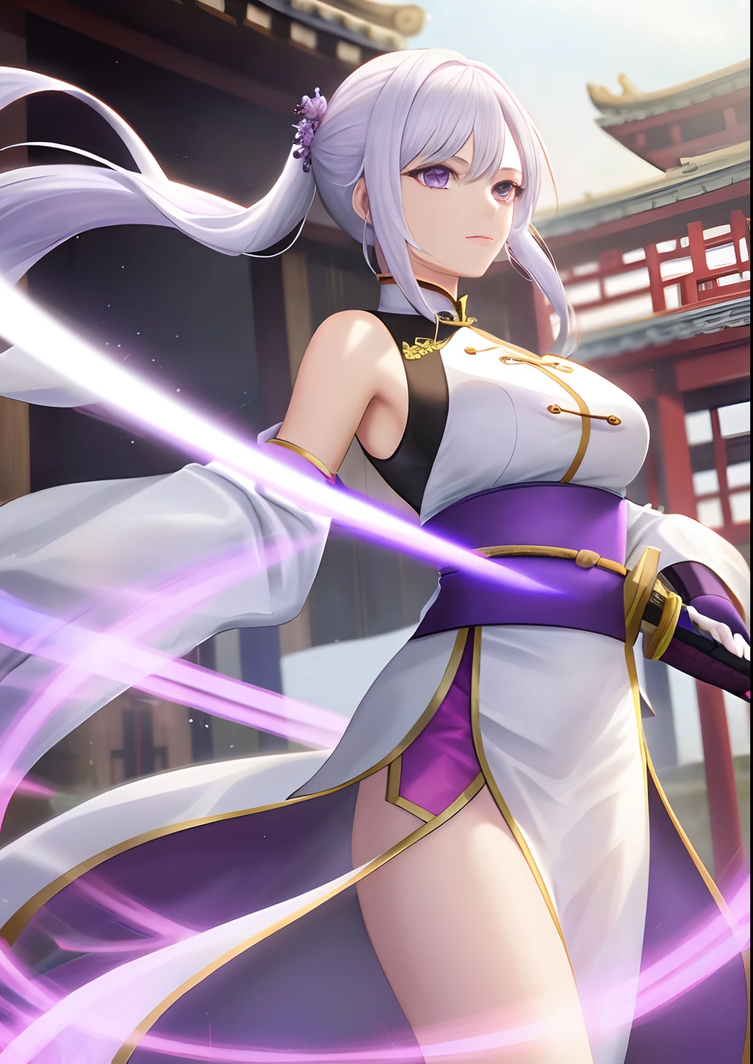 A woman，Holding An Sword，White hair，Wear purple Hanfu，Long white gloves are worn on the elbows，Chinese Ancient Architecture