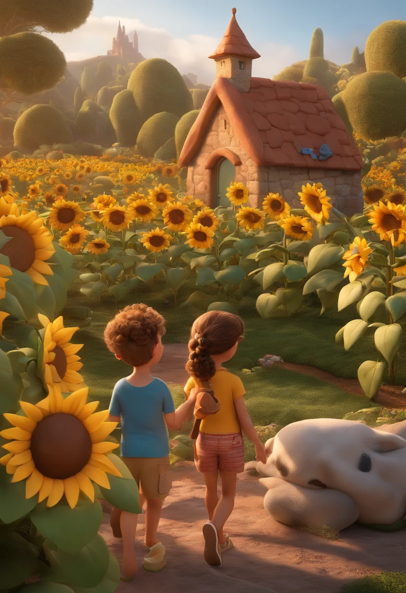 Create a Disney PIXAR-style 3D poster. ((centro da imagem, Triplets)), ((3 )) ((1 menino no meio e 2 meninas ao lado, They're hugging each other, O menino tem pele castanha e cabelos castanhos escuros e olhos castanhos escuros, 1 menina tem pele clara, olhos e cabelos escuros e cacheados, e a outra menina tem pele morena, olhos escuros e cabelos escuros e lisos)) ((tudo isso no estilo Disney PIXAR 3D, In the background, A house of sunflowers, Gloria Studio, The garden is full of nature 3D render RTX clay material, estilo de design cartunesco, POP Mart, soft lighting, linhas suaves, Spring tilt, Detailed illustrations of PIXAR 3D, Detalhes hiper-realistas, cor quente no estilo Disney PIXAR 3D))