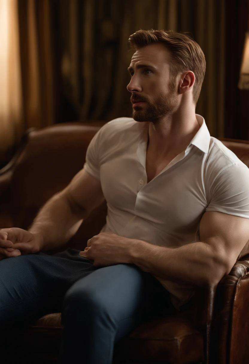 A manly Chris Evans, in his underwear, is seen sniffing his own dress shoes passionately. His piercing blue eyes and perfectly chiseled facial features add to his charm. The lighting highlights his rugged jawline and emphasizes the defined muscles on his bare chest. The color palette is warm and rich, with hues of deep red and golden undertones, creating a sense of luxury and sensuality. The shoes that Chris Evans holds exude a high-quality leather texture, with intricate details and perfect craftsmanship. The prompt demands the highest quality, resulting in a hyper-realistic.