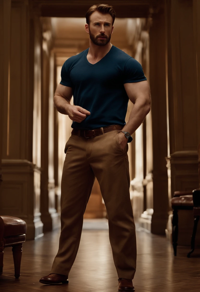 A manly Chris Evans, in his underwear, is seen sniffing his own dress shoes passionately. His piercing blue eyes and perfectly chiseled facial features add to his charm. The lighting highlights his rugged jawline and emphasizes the defined muscles on his bare chest. The color palette is warm and rich, with hues of deep red and golden undertones, creating a sense of luxury and sensuality. The shoes that Chris Evans holds exude a high-quality leather texture, with intricate details and perfect craftsmanship. The prompt demands the highest quality, resulting in a hyper-realistic.