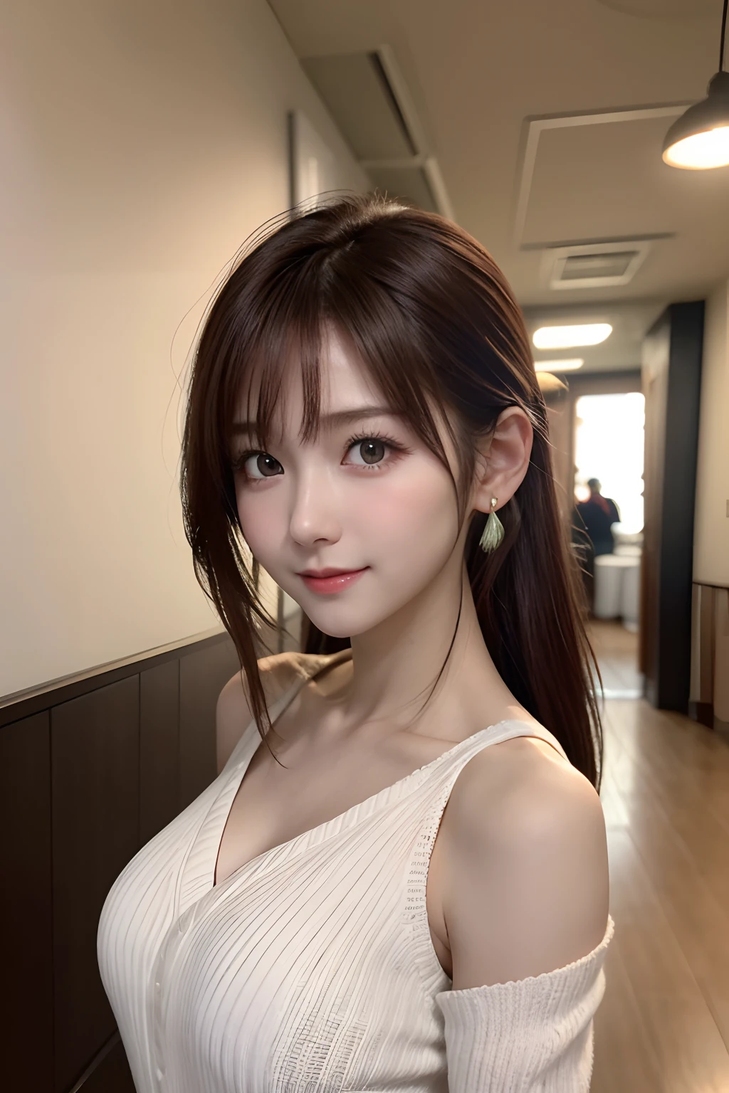 White knitted sweater,Face Interview, (Photo Real:1.4), (hyper realisitic:1.4), (realisitic:1.3), (Smooth lighting:1.05), (Improve video lighting quality:0.9), 1womanl, a 20 yo woman, Realistic lighting, Back lighting, Facial light, raytrace, (cheerfulness:1.2), (Improved image quality:1.4), (Finest Real Textured Skins), finely eye, a small face, Red cheeks, skinny body, medium-breasted pointed jaws,,,,,,, Korean Idol, Nogizaka Idol, glowy skin, hposing Gravure Idol, P, Blunt bangs, light brown hair, hair behind ear, hair over shoulder, Long hair,Tear bag,。Kuroko under the eyes、Old Western-style building、Ponytail hair、