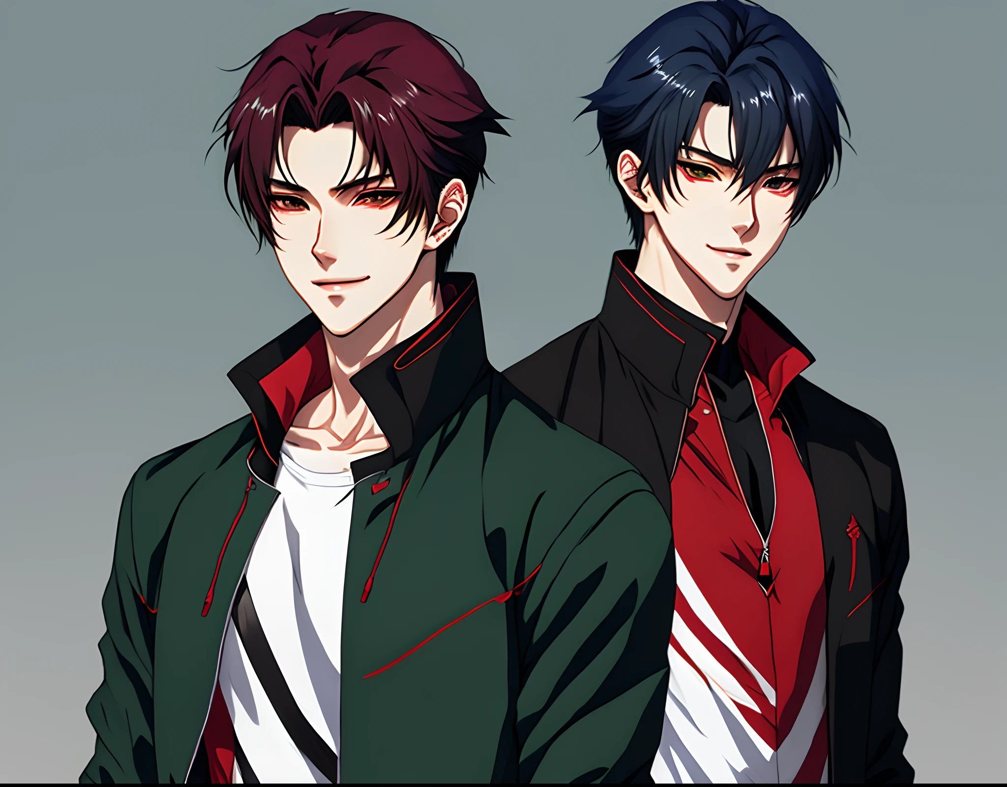 Male anime character wearing red outerwear on black stylish inner、Wear long, fluent clothes、Pale Green Wolf Cut、Black drooping eyes、Sexy smile、Beautiful anime character design、Anime vision of a cool young man、anime character design、highly detailed character design、high quality character design