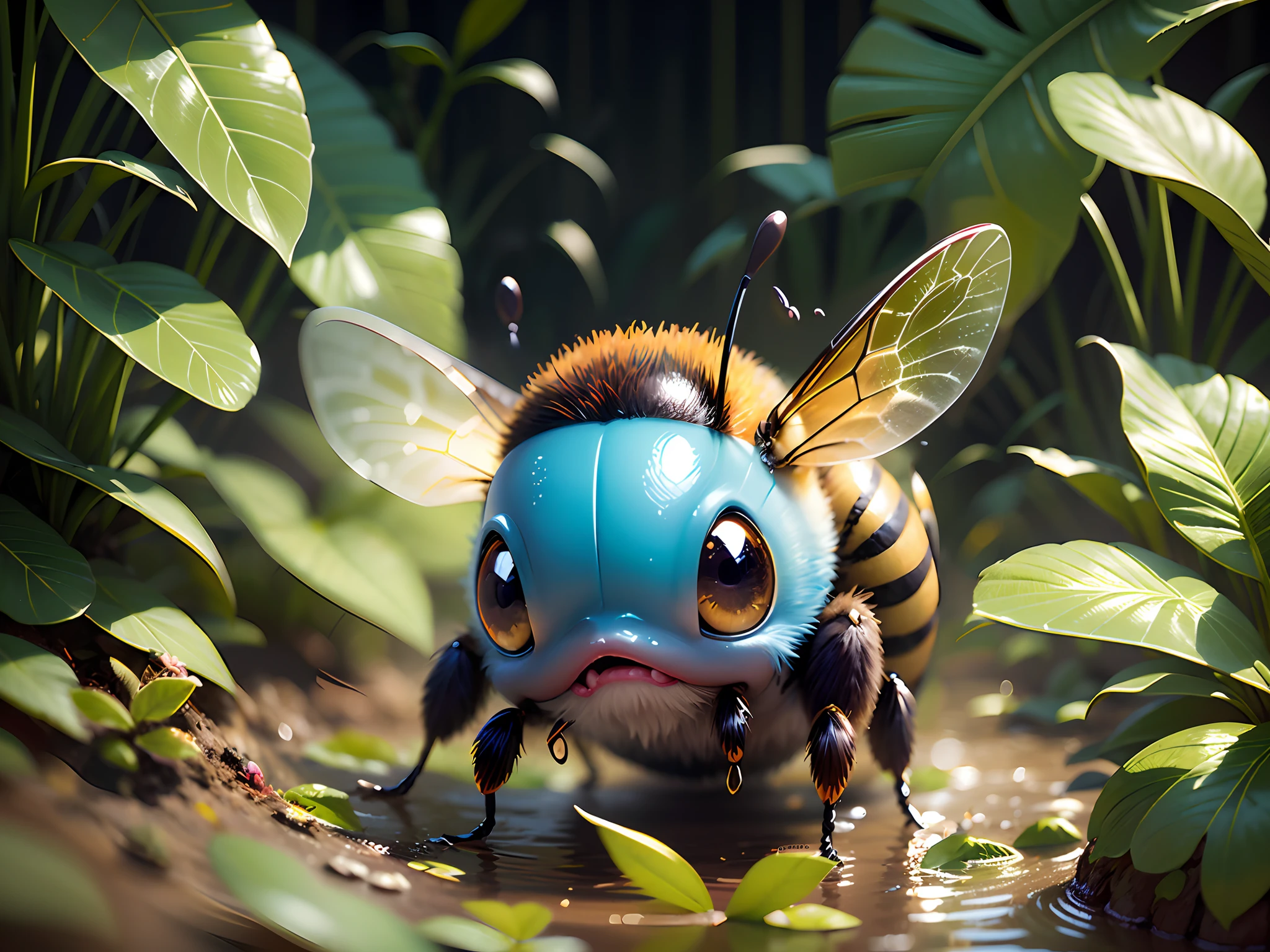 Best Quality, Masterpiece, Excellent, A Sealed Bee Little Monster, In the Jungle, Panorama, Subject in the Middle of the Frame, Large Movement, Friendly Expressions, Non-Human (Water Attribute 1.2), Flattened (1.4), Texture, Dark Simple Background --auto --s2