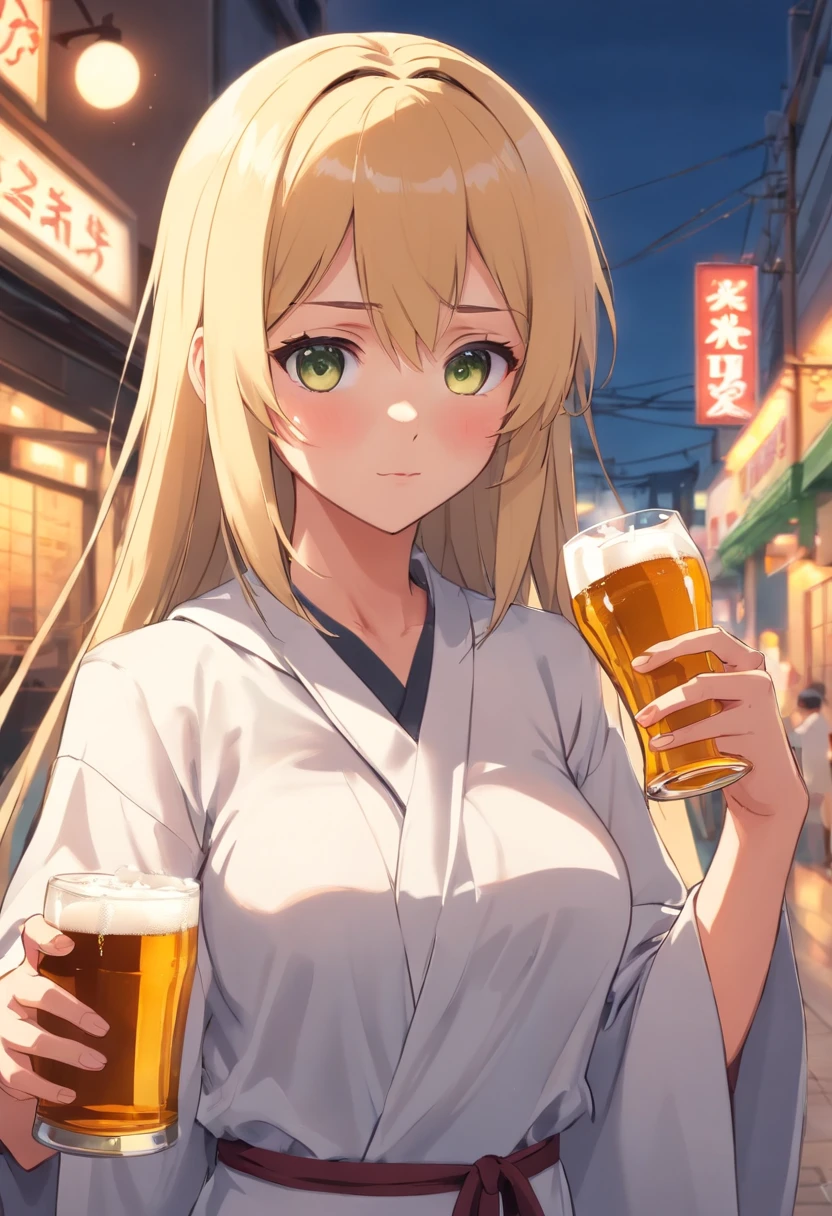 Blond hair, slutty nun outfit, bigger , holding beer, tired eyes, meh face,