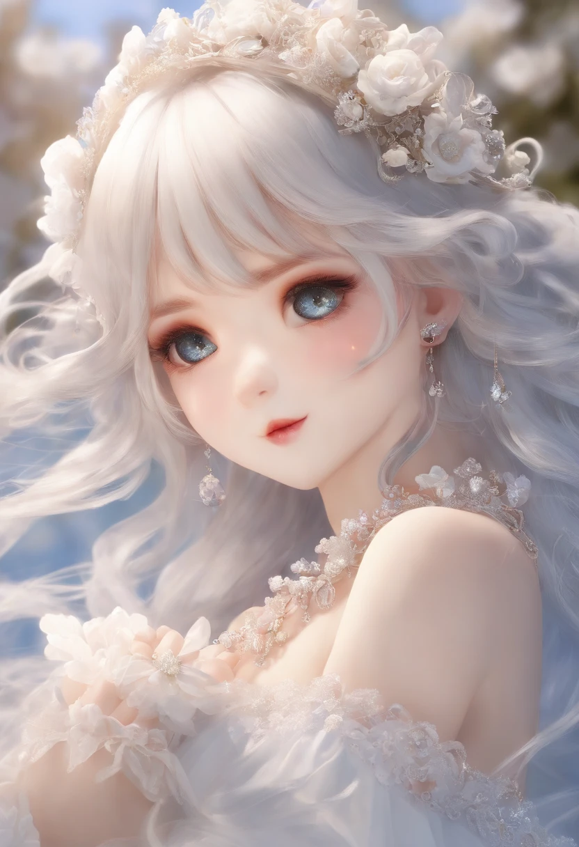 16k super fine CG wallpaper, Masterpiece, Excellent picture quality, Super delicate), (Excellent light and shadow, Delicate and beautiful), real smooth skin, Bright face, 18K close-up perfect display, , Cute, Girl in delicate sleeveless shirt and long skirt, Prone on a large white bed, Colorful jewel-like eyes.