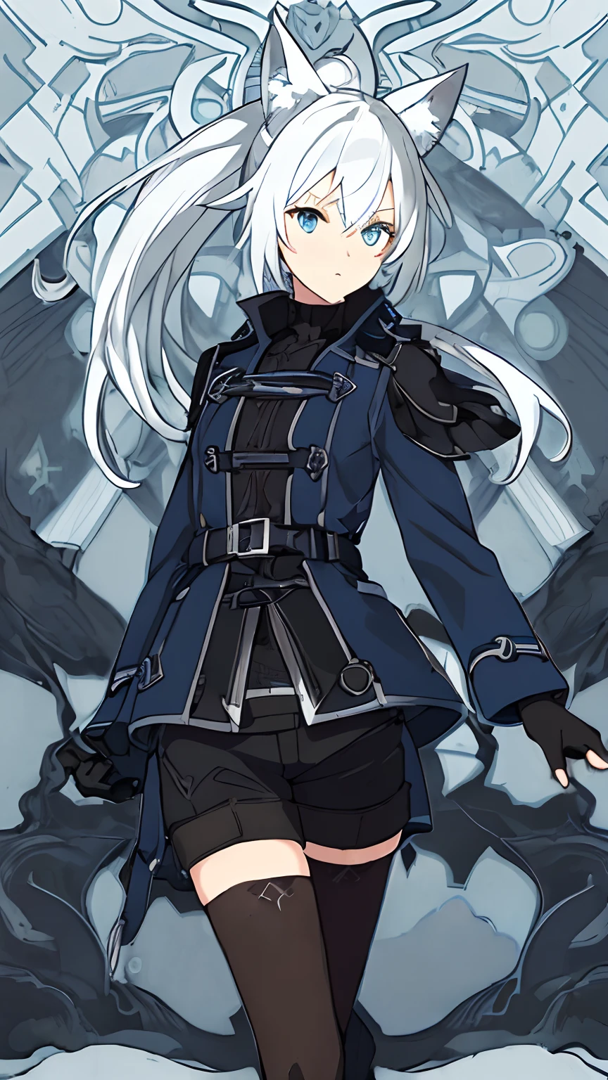 (((Masterpiece))),(((best qualtiy))),((Ultra-detailed)),(illustration),((anextremelydelicateandbeautiful)),dynamic angle,Floating,(beatiful detailed eyes),(detailedlight) (1girll), Solo, Floating_Hair,glowing light eyes，Blue background,（Blue trench coat），Black shirt，Dark blue shorts，black pantyhoses，Black high-tops，Black fingerless long gloves，blue color eyes，Wolf ears，White color hair，White single ponytail