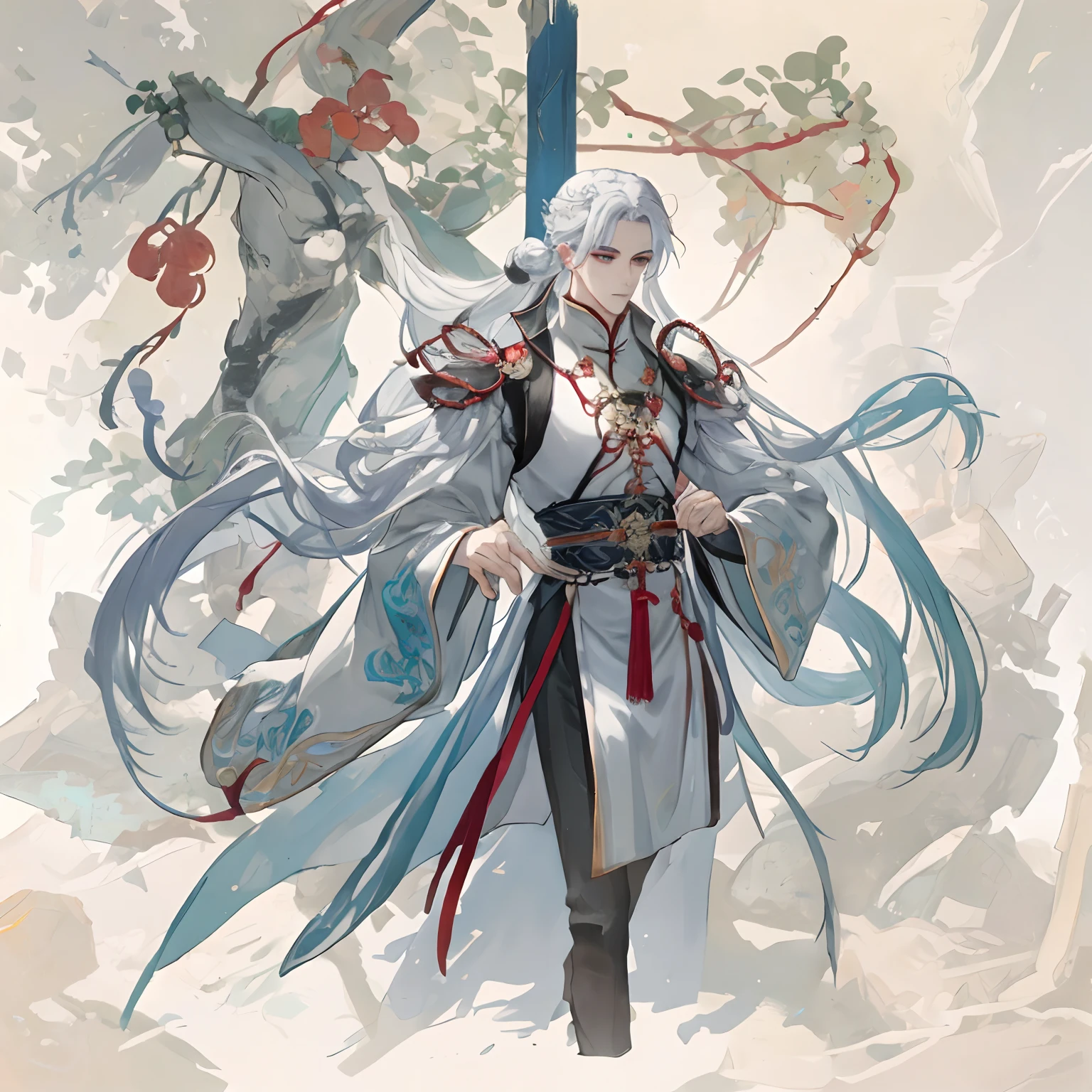 male people,long white hair,Chinese style,Place the amulet on your chest with one hand,Zuo Ci,Handsome face,manifold,Robe,male people,10 cephalic bodies,Gorgeous bun,long leges,Hold the whisk in your right hand,A stick with long flowing hair,long skirt,Full body standing painting,Game standing drawing
