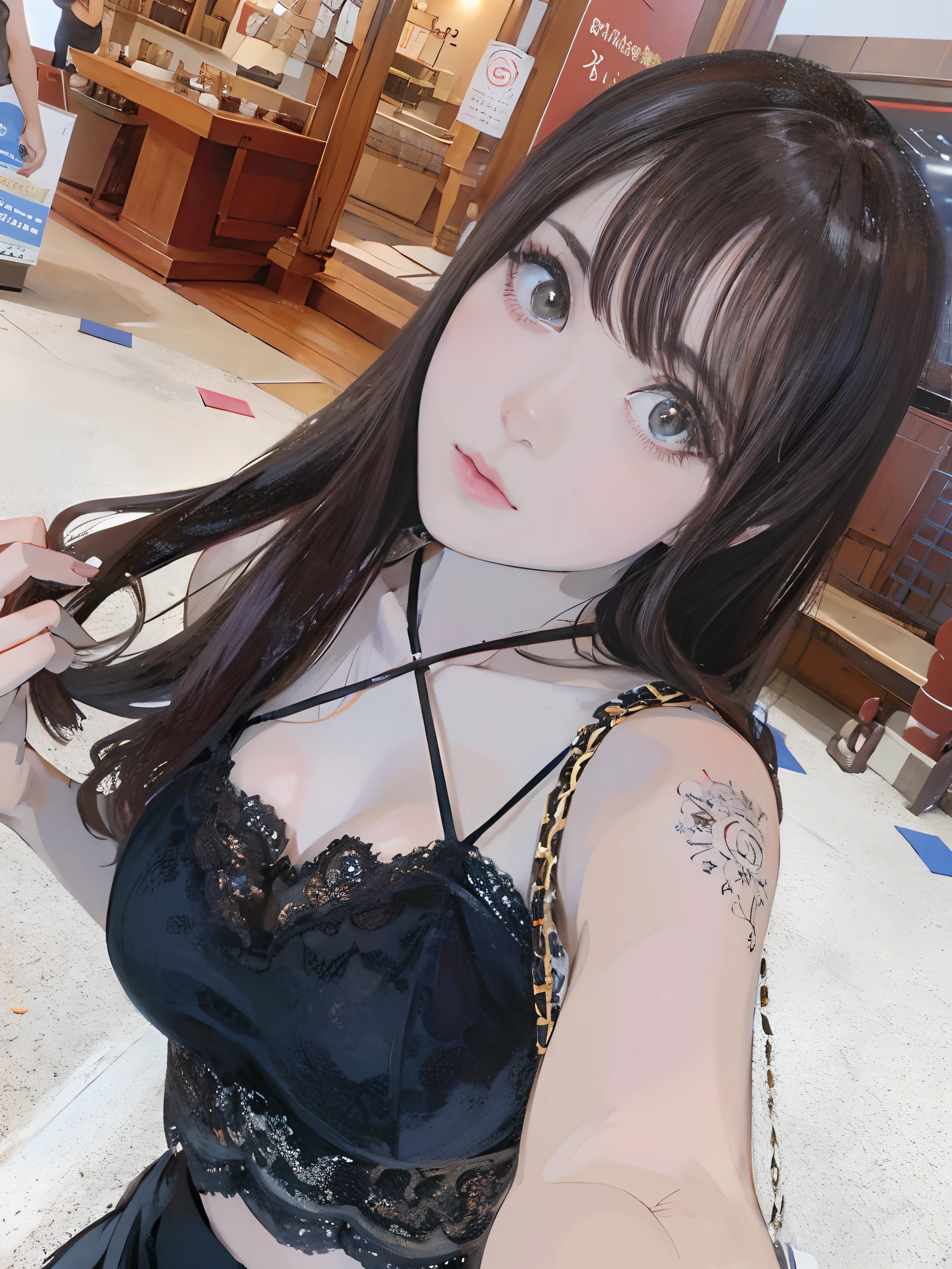there is a woman with a black bra top posing for a picture, 奈良美智, chiho, Realistic Young Gravure Idol, Young Pretty Gravure Idol, the face of a beautiful Japanese girl, Ayami Kojima Amano, sakimichan, girl cute-fine-face, Young skinny gravure idol, Sexy Girl, Ayami