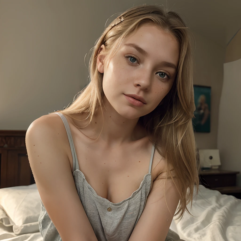 A girl of European appearance (Russian, tatar), randome beautiful face, 20 old, Freckles, ash-blond hair, shoulder-length hair, In casual clothes, against the background of the bed