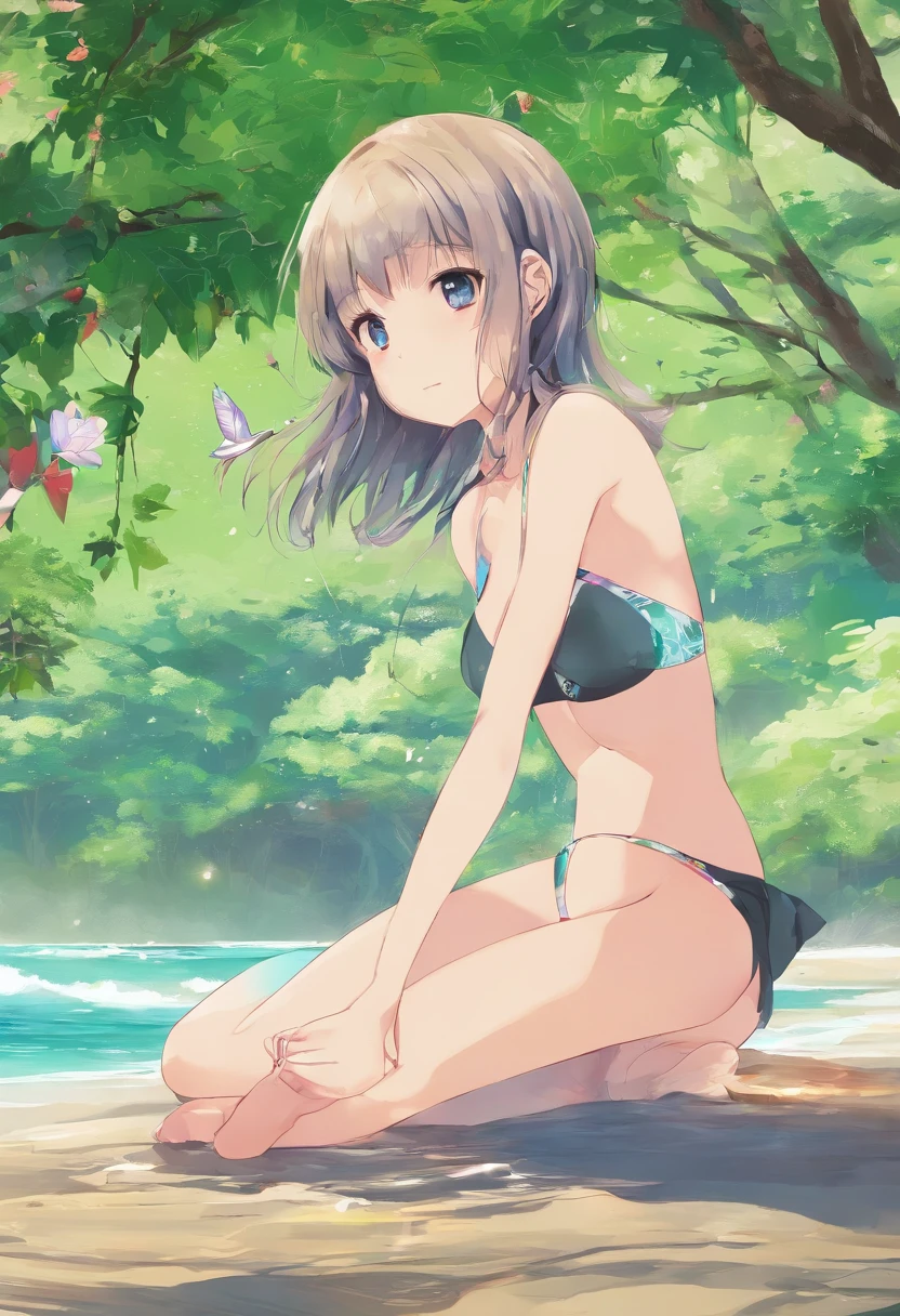 Q version of the girl sitting barefoot and holding her knees,in a bikini,adolable,The toes are round and cute
