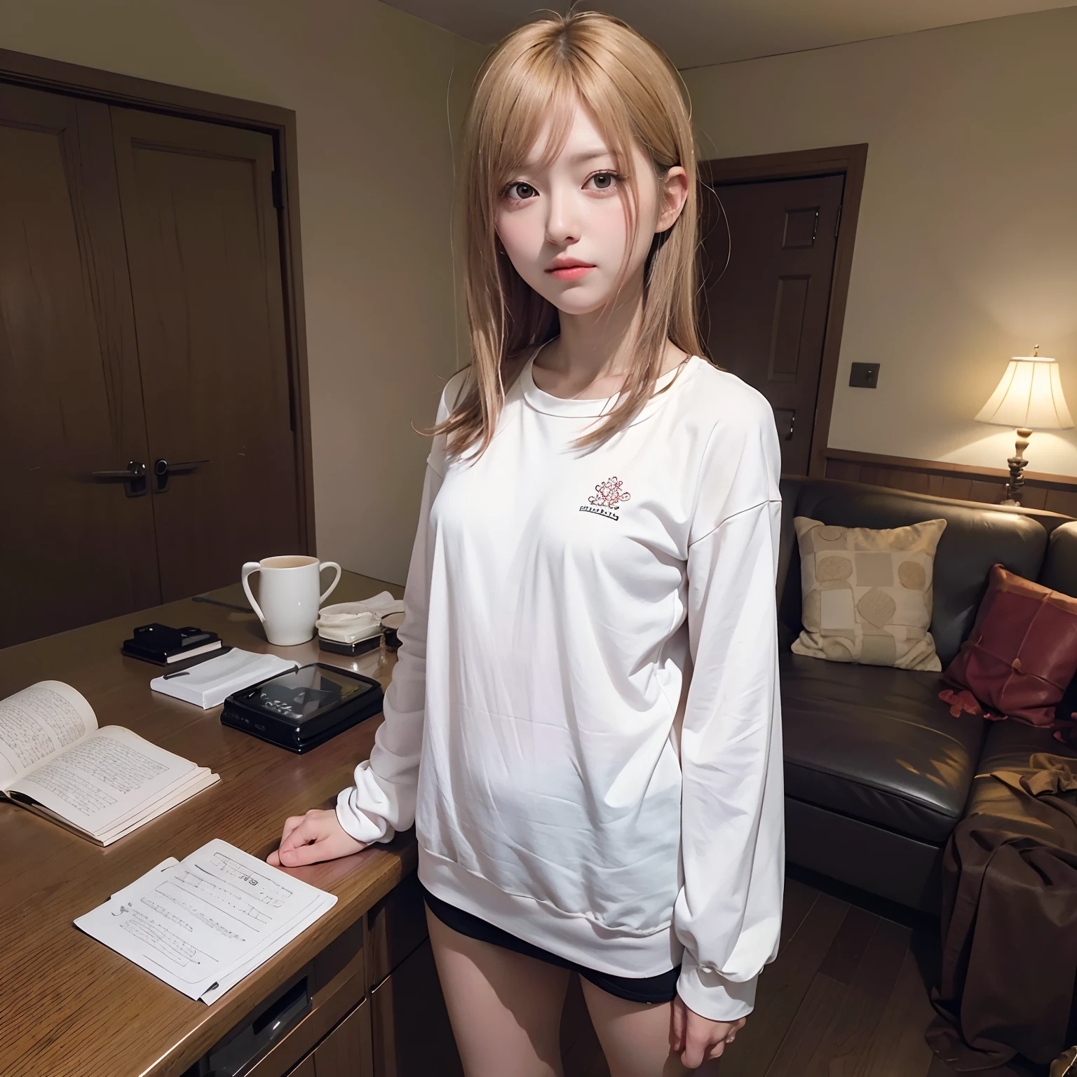 Short sleeve,Classroom,masterpiece, Best Quality,8K,4k,Natural blonde short hair,japanese beatiful high school girl,very nice lady,smile,teeth