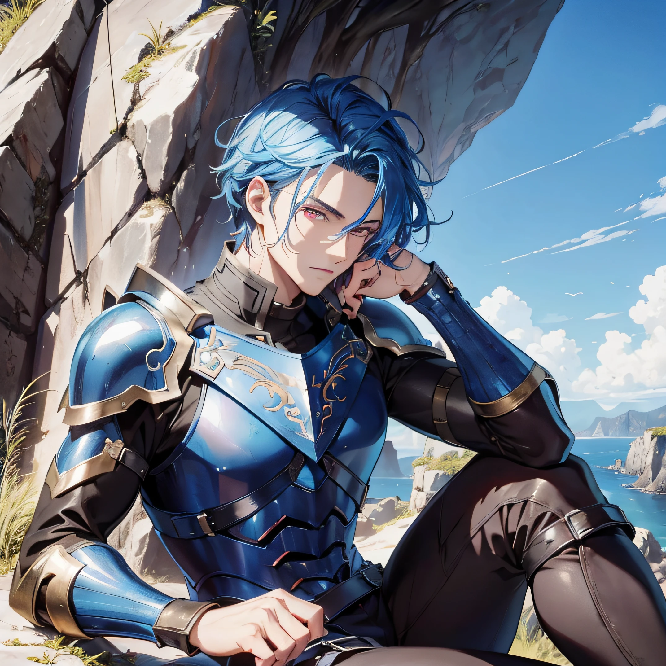 (absurderes, A high resolution, Ultra detailed), Masterpiece, Best quality,A handsome man, Blue hair, Red eyes, Handsome, finely eye and detailed face,,sitting at the edge of a cliff,Dark blue armor, full bodyesbian, Real Shadow, Look away
